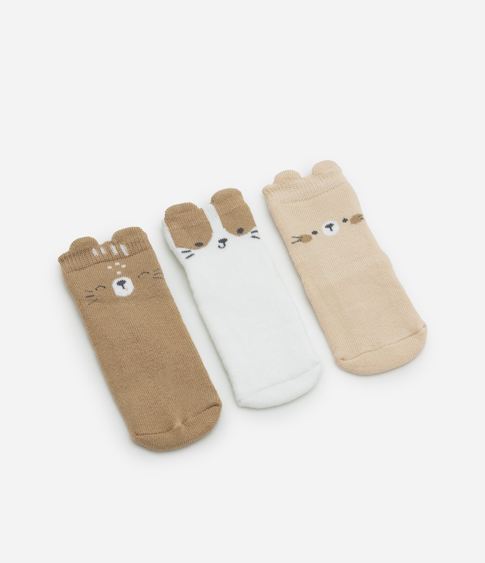 Kit Infantil 3 Meias com Animais e Terry - Tam RN a 12 Meses Marrom/Branco/Bege 1
