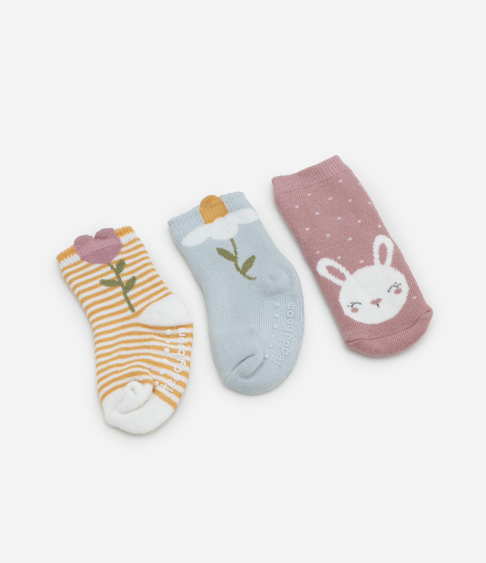 Kit 03 Meias Infantis Estampadas com Antiderrapante - Tam RN a 12 Meses Amarelo/Azul/Rosa 1