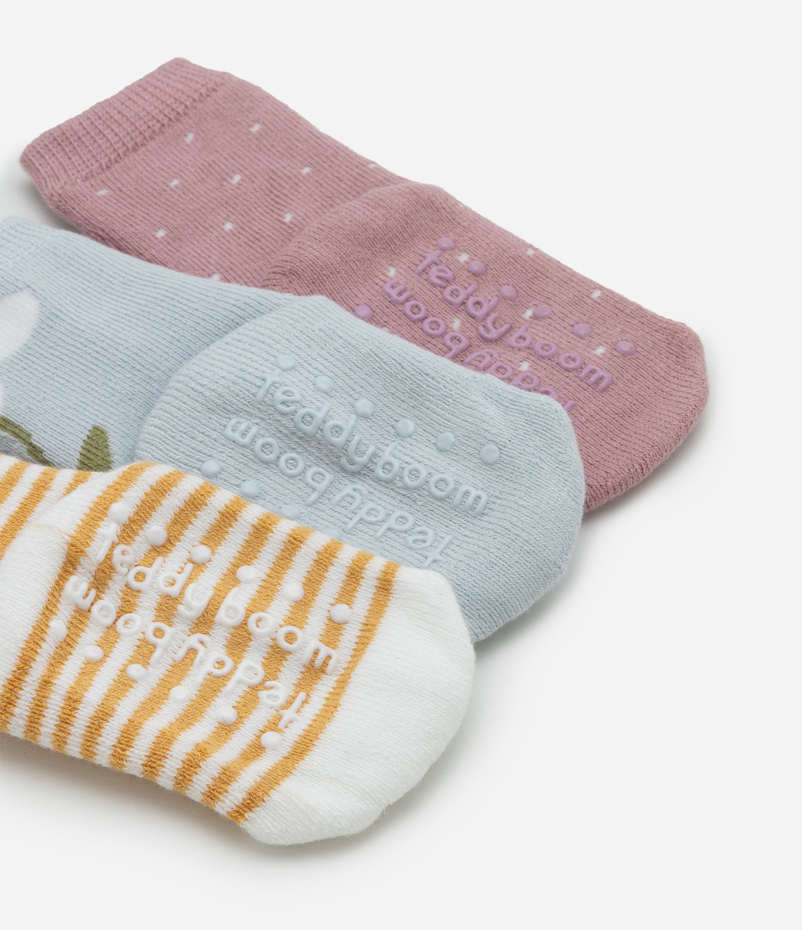 Kit 03 Meias Infantis Estampadas com Antiderrapante - Tam RN a 12 Meses Amarelo/Azul/Rosa 3
