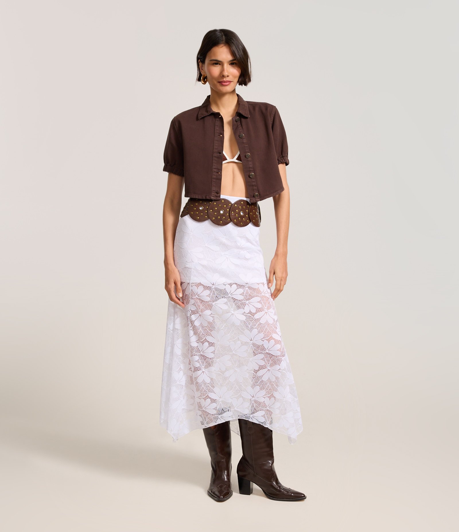 Saia Midi em Renda com Barra Assimétrica Branco 1