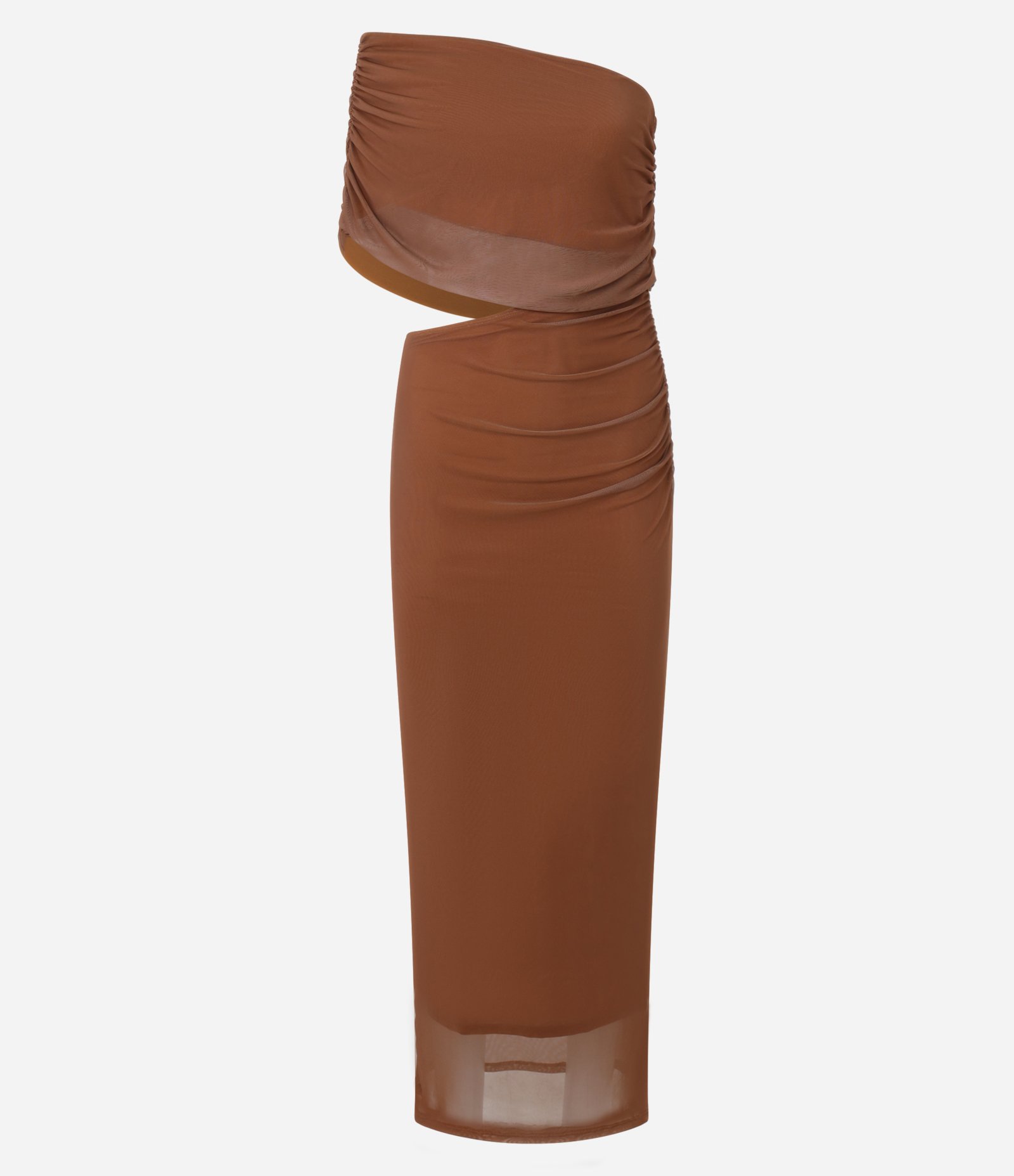 Vestido Longo Franzido em Tule com Ombro Só Marrom 1