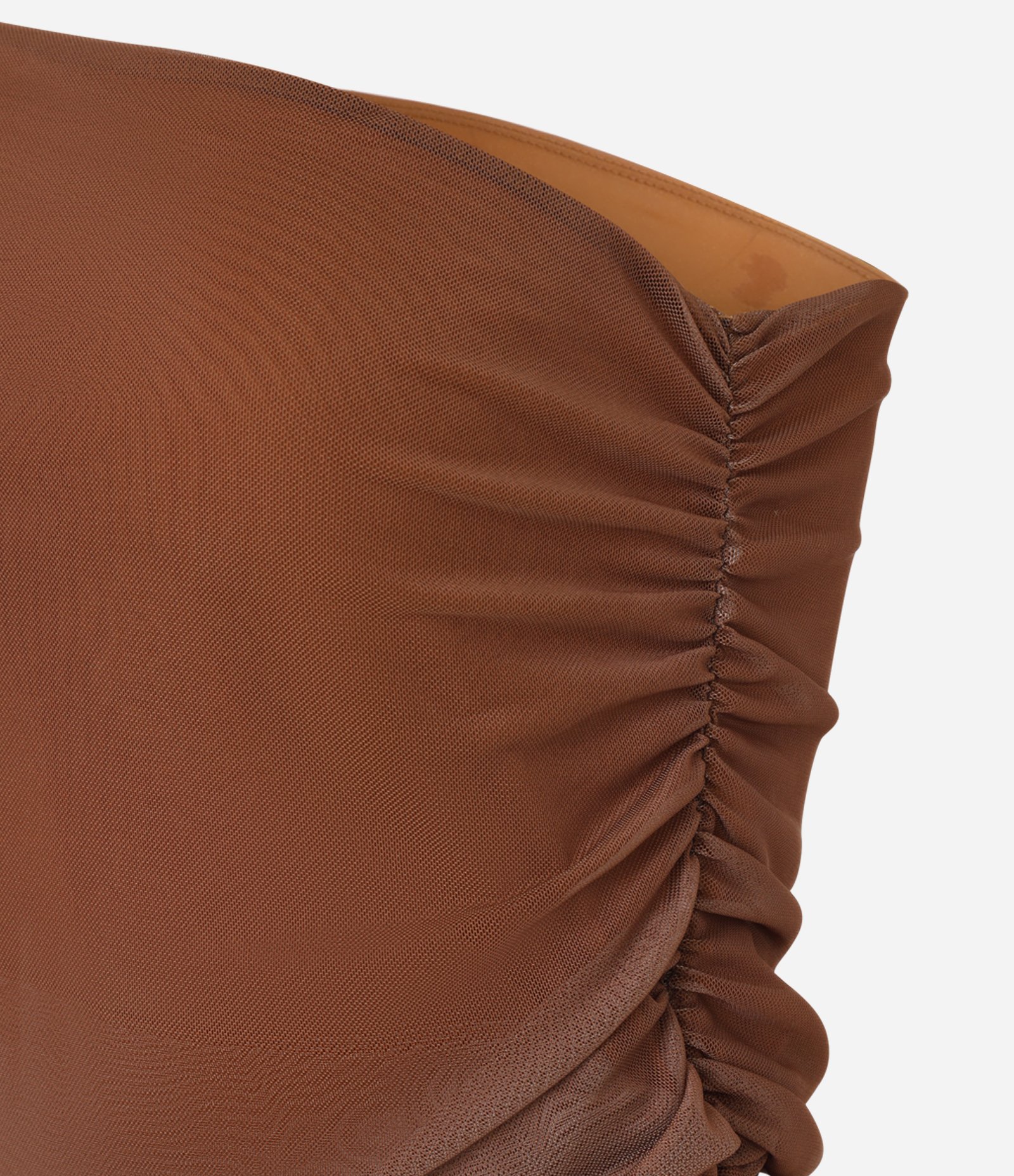 Vestido Longo Franzido em Tule com Ombro Só Marrom 2