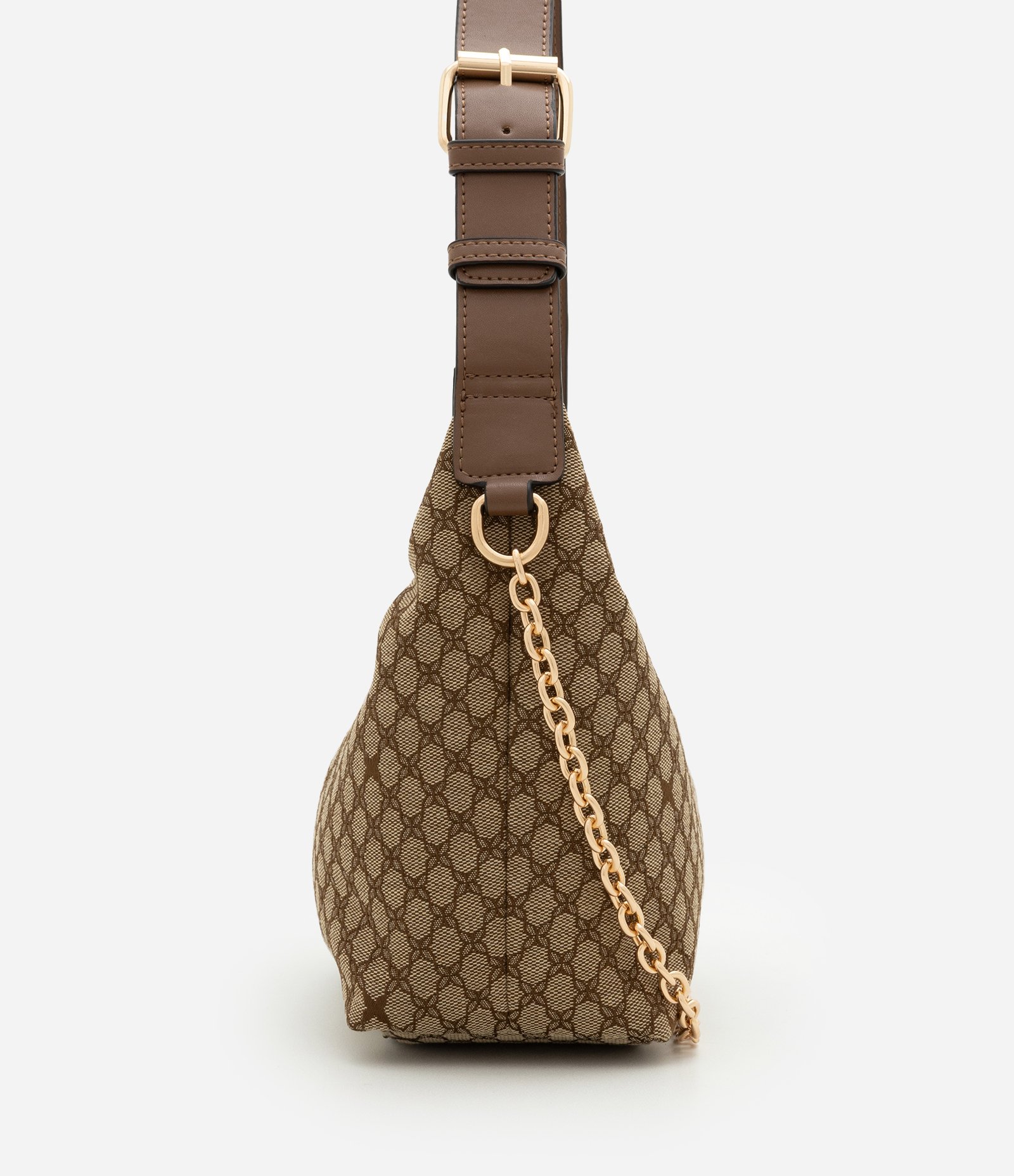 Bolsa Baguete Pequena com Estampa Geométrica com Alça de Corrente Marrom 2