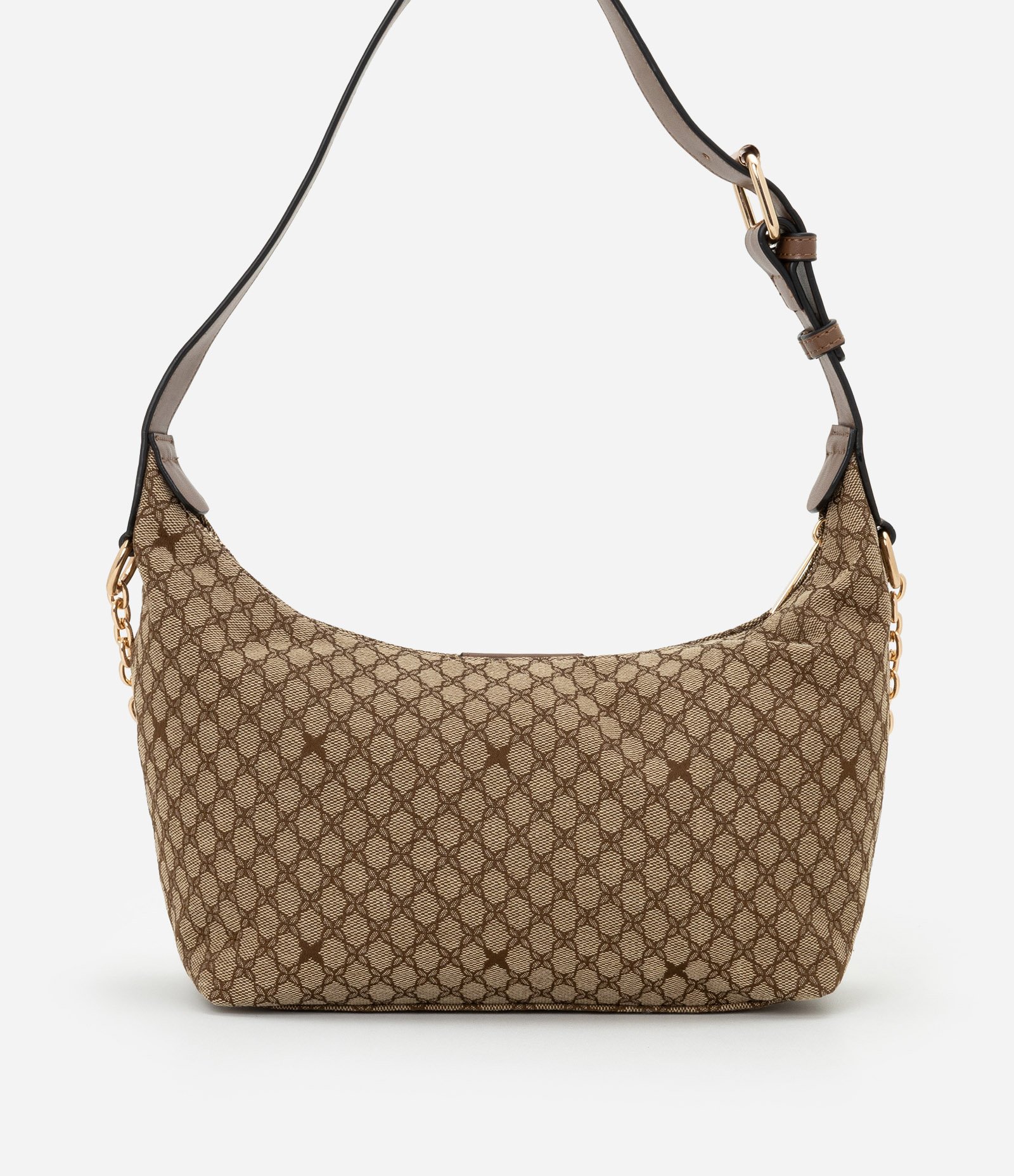 Bolsa Baguete Pequena com Estampa Geométrica com Alça de Corrente Marrom 3