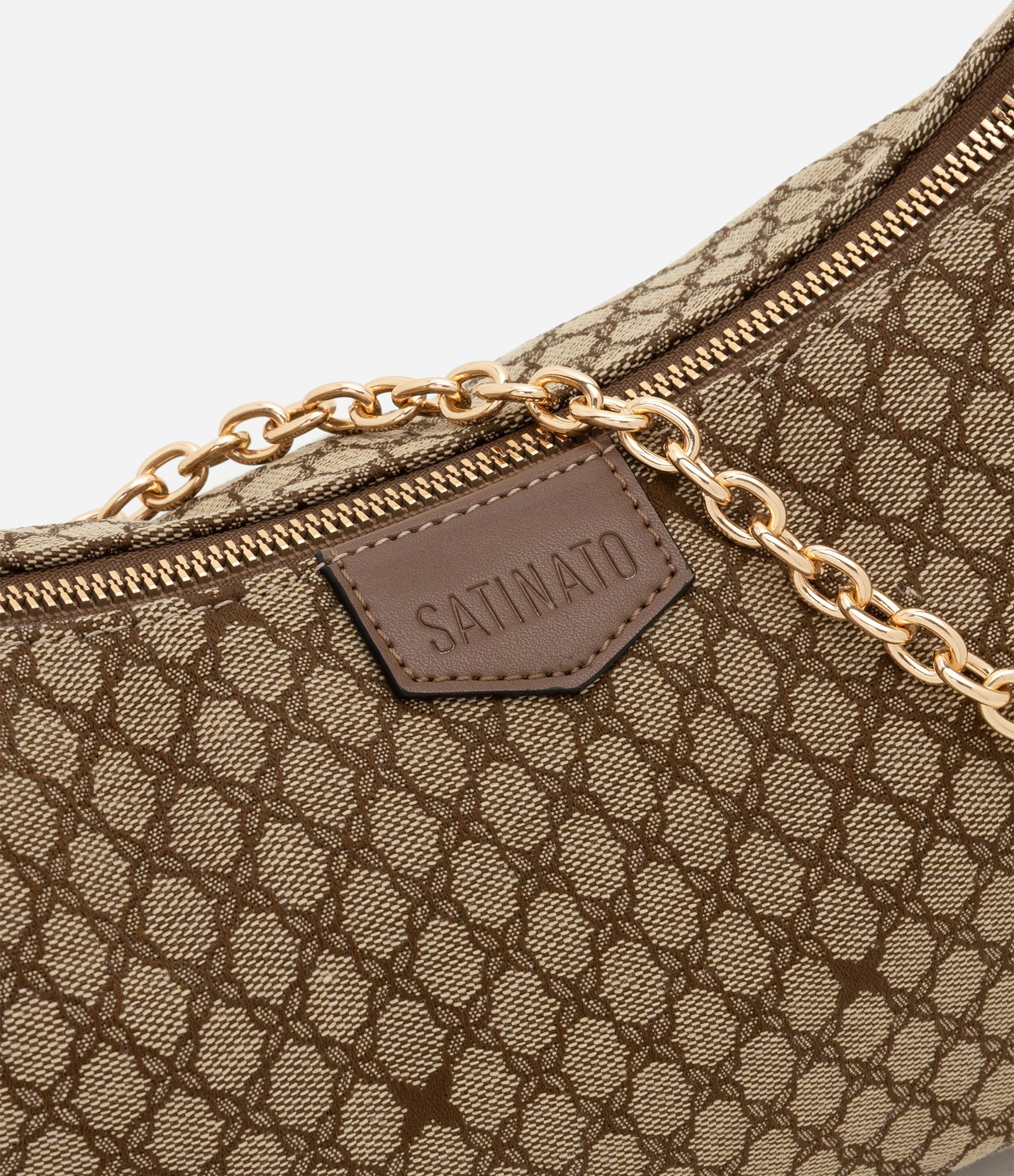 Bolsa Baguete Pequena com Estampa Geométrica com Alça de Corrente Marrom 4
