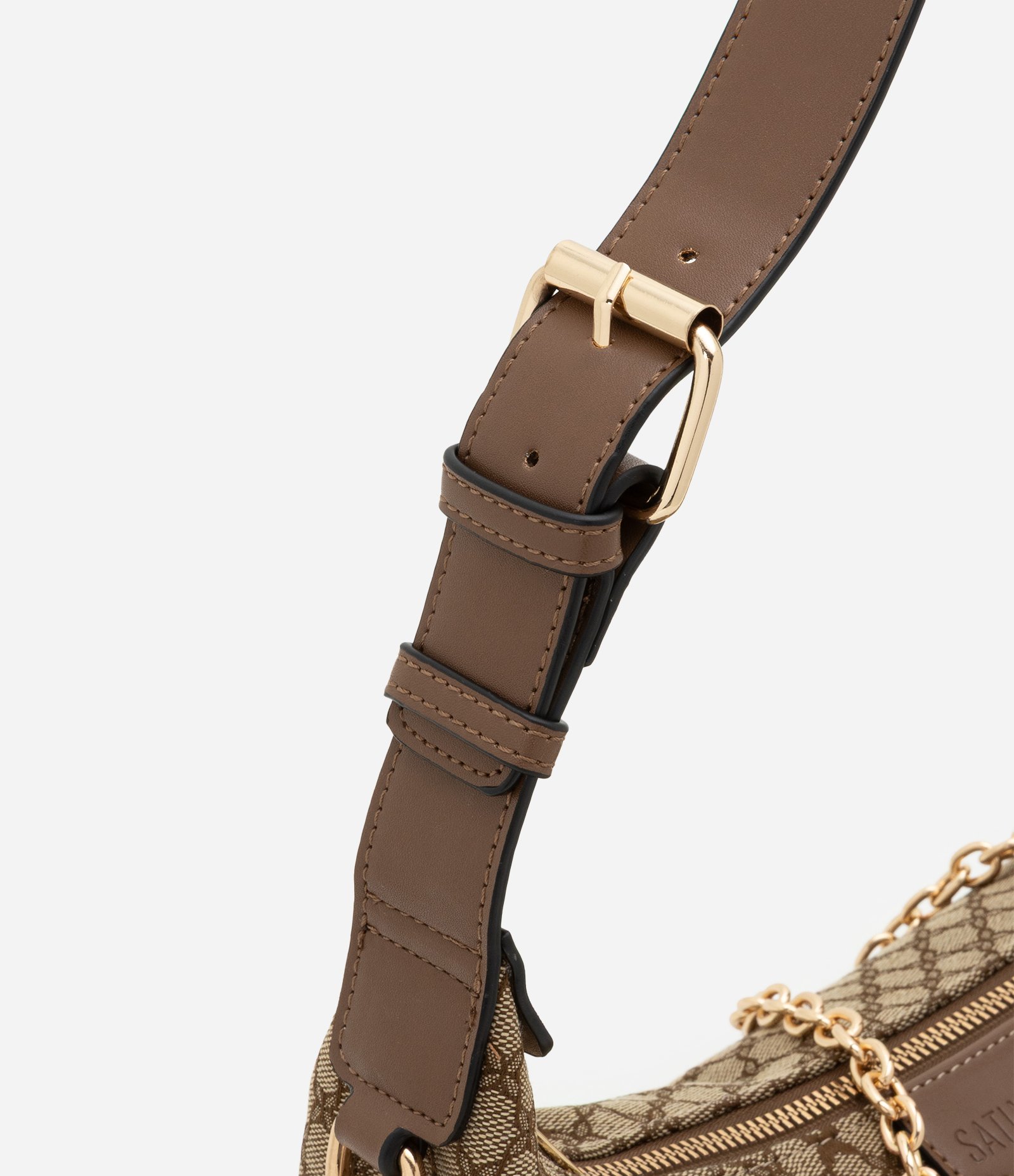 Bolsa Baguete Pequena com Estampa Geométrica com Alça de Corrente Marrom 5