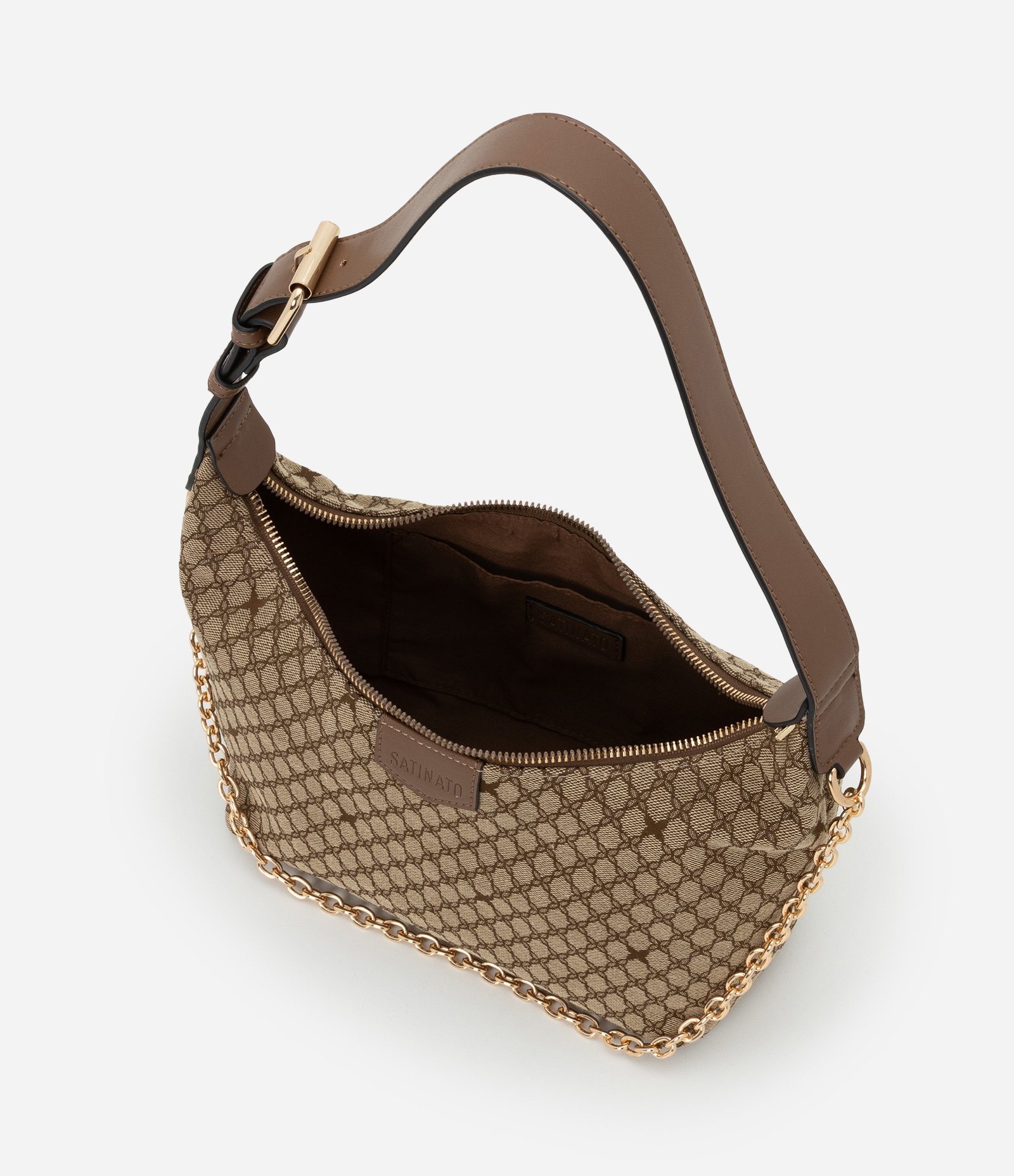 Bolsa Baguete Pequena com Estampa Geométrica com Alça de Corrente Marrom 6