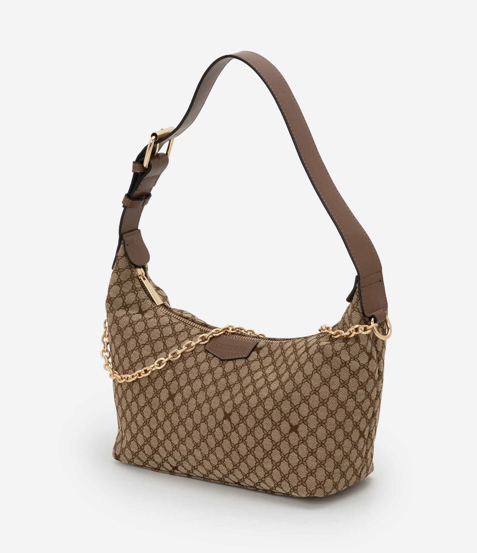 Bolsa Baguete Pequena com Estampa Geométrica com Alça de Corrente Marrom 7