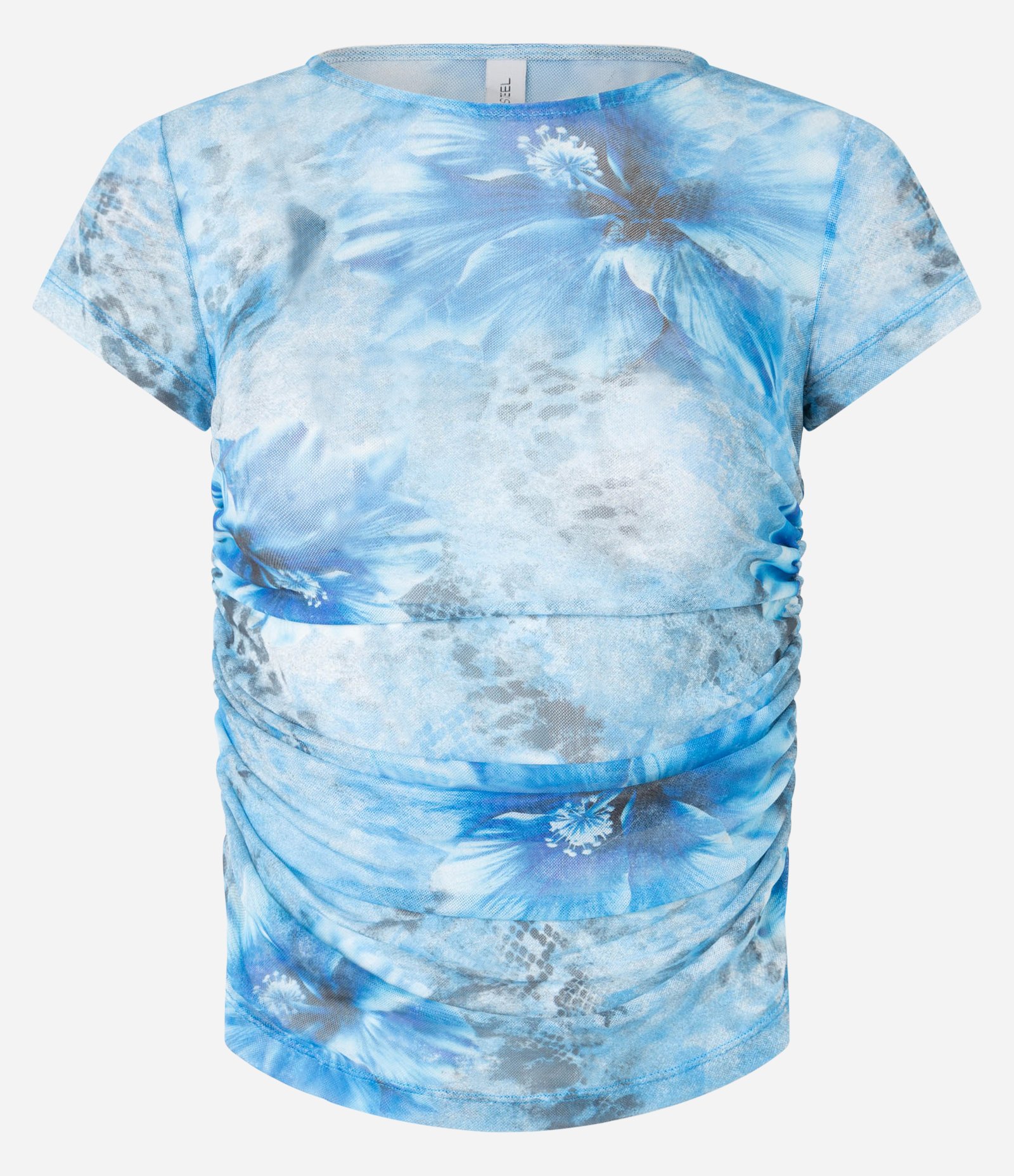 Blusa em Tule com Franzido Lateral e Estampa Abstrata Azul 5