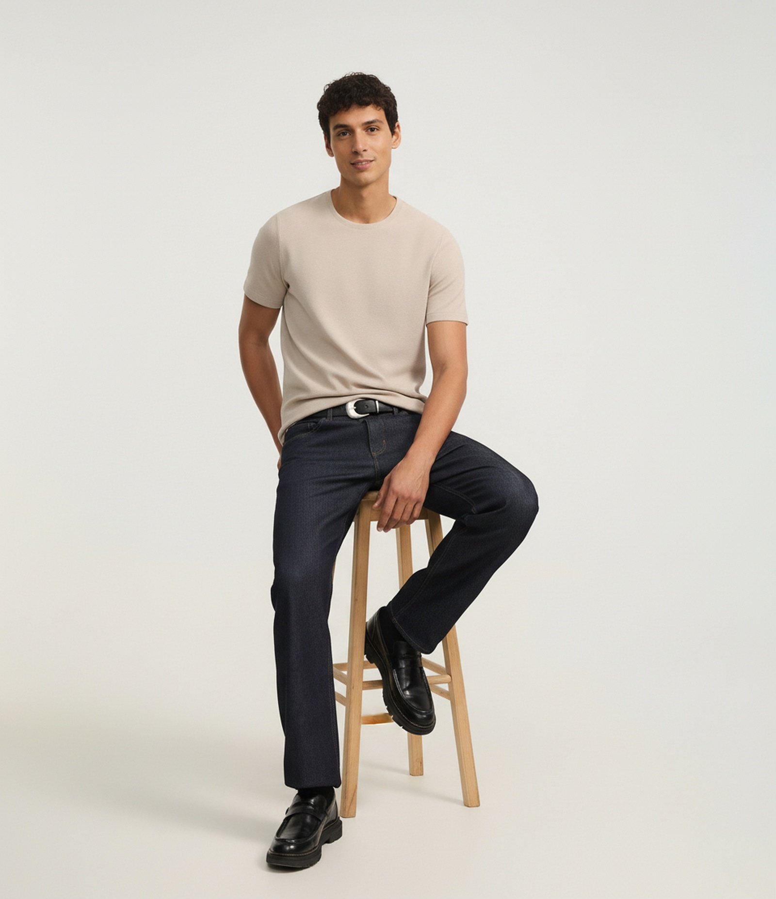 Camiseta Slim em Algodão Canelada Bege 1