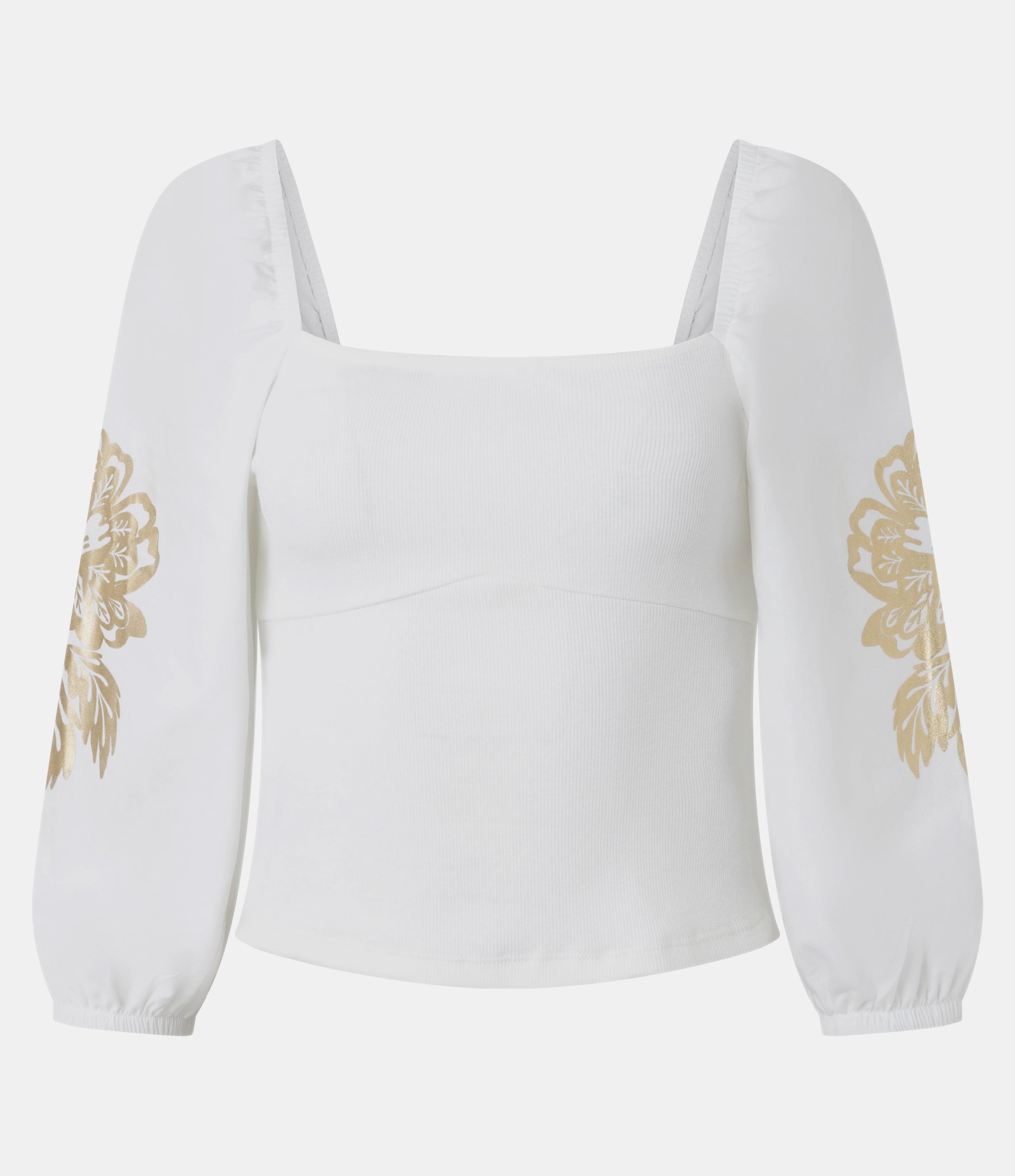 Blusa em Ribana com Manga Bufante e Estampa de Flor em Foil Branco 4