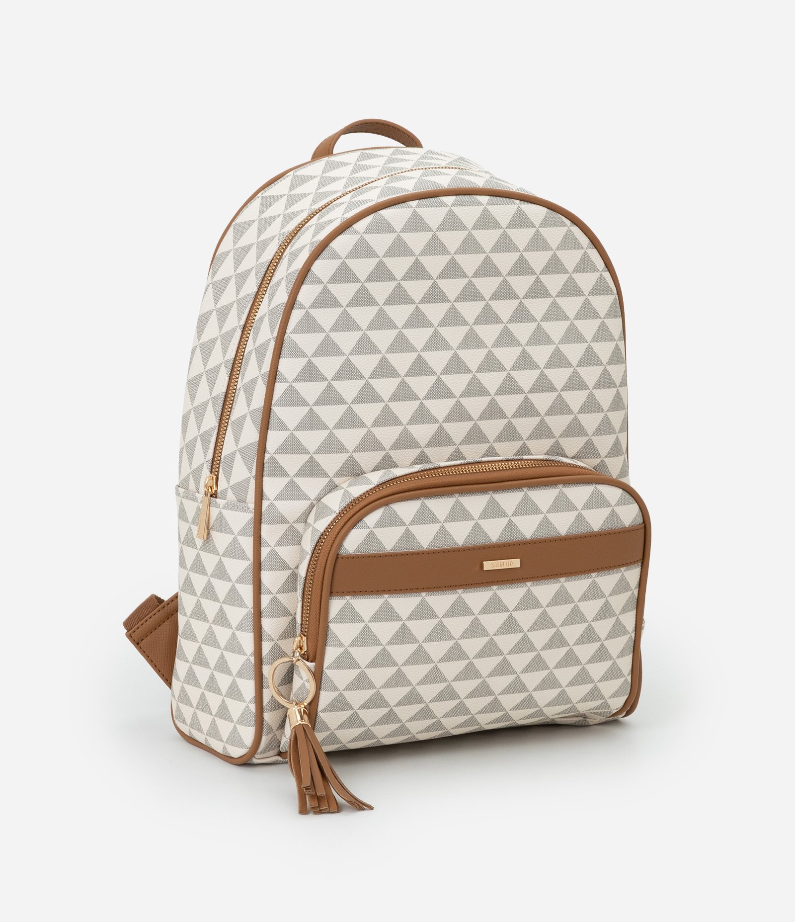 Mochila em PU com Estampa Triângulo e Bolso Frontal Off White 1
