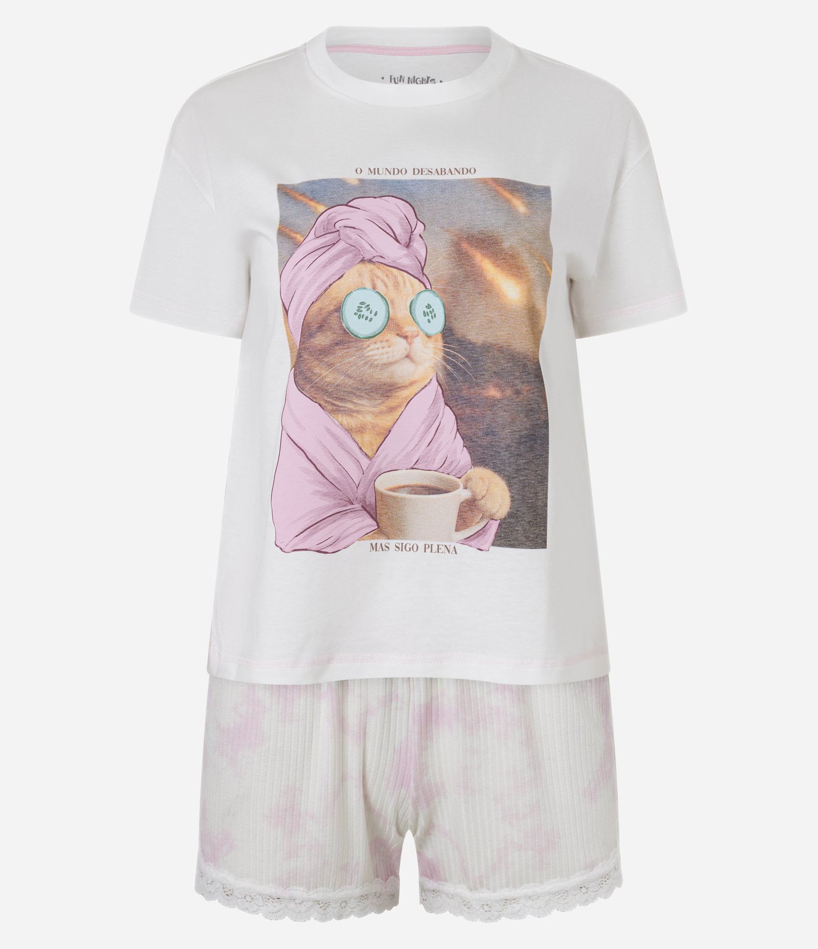 Pijama Short Doll em Algodão com Estampa de Gatinho Pleno Branco 4