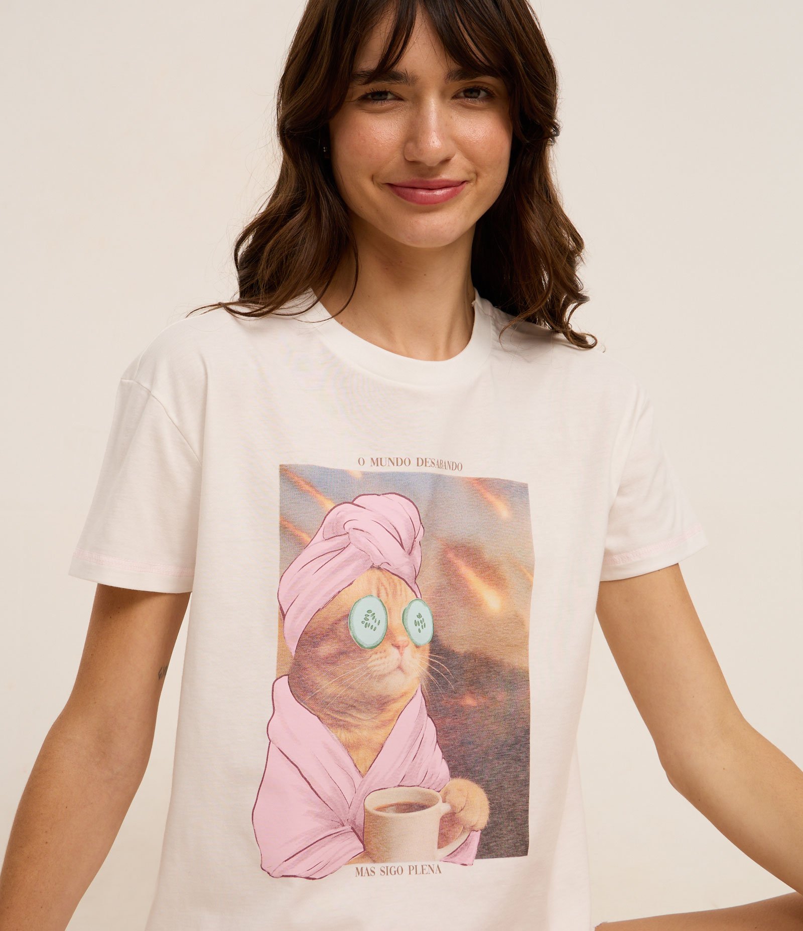 Pijama Short Doll em Algodão com Estampa de Gatinho Pleno Branco 2