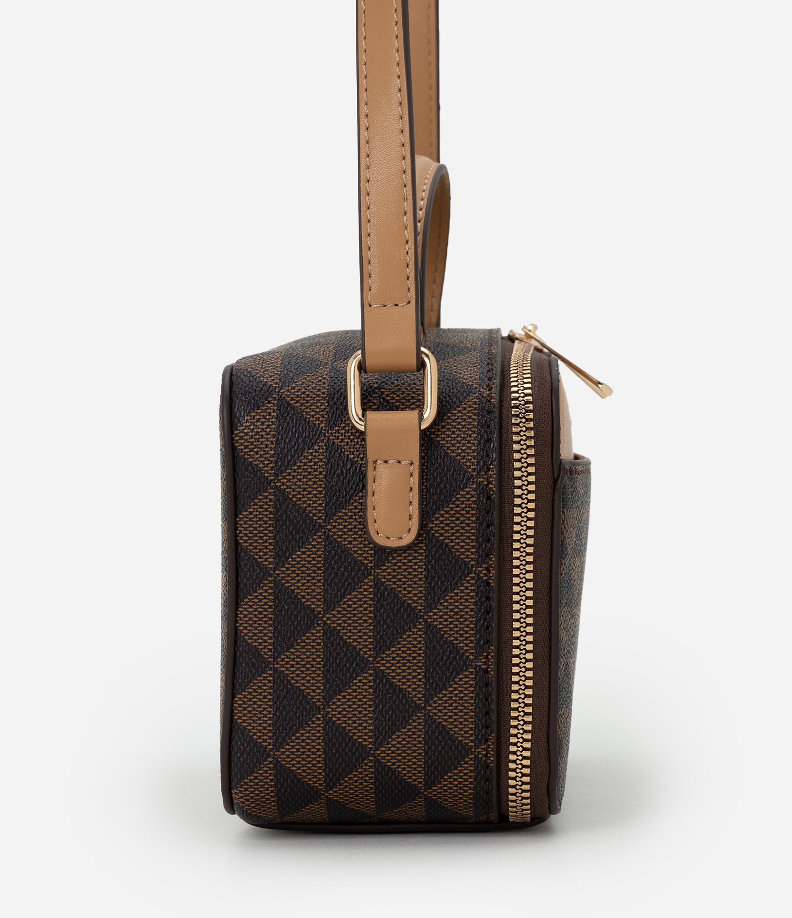 Bolsa Câmera Bag Pequena em PU com Estampa Triângulos Marrom 2