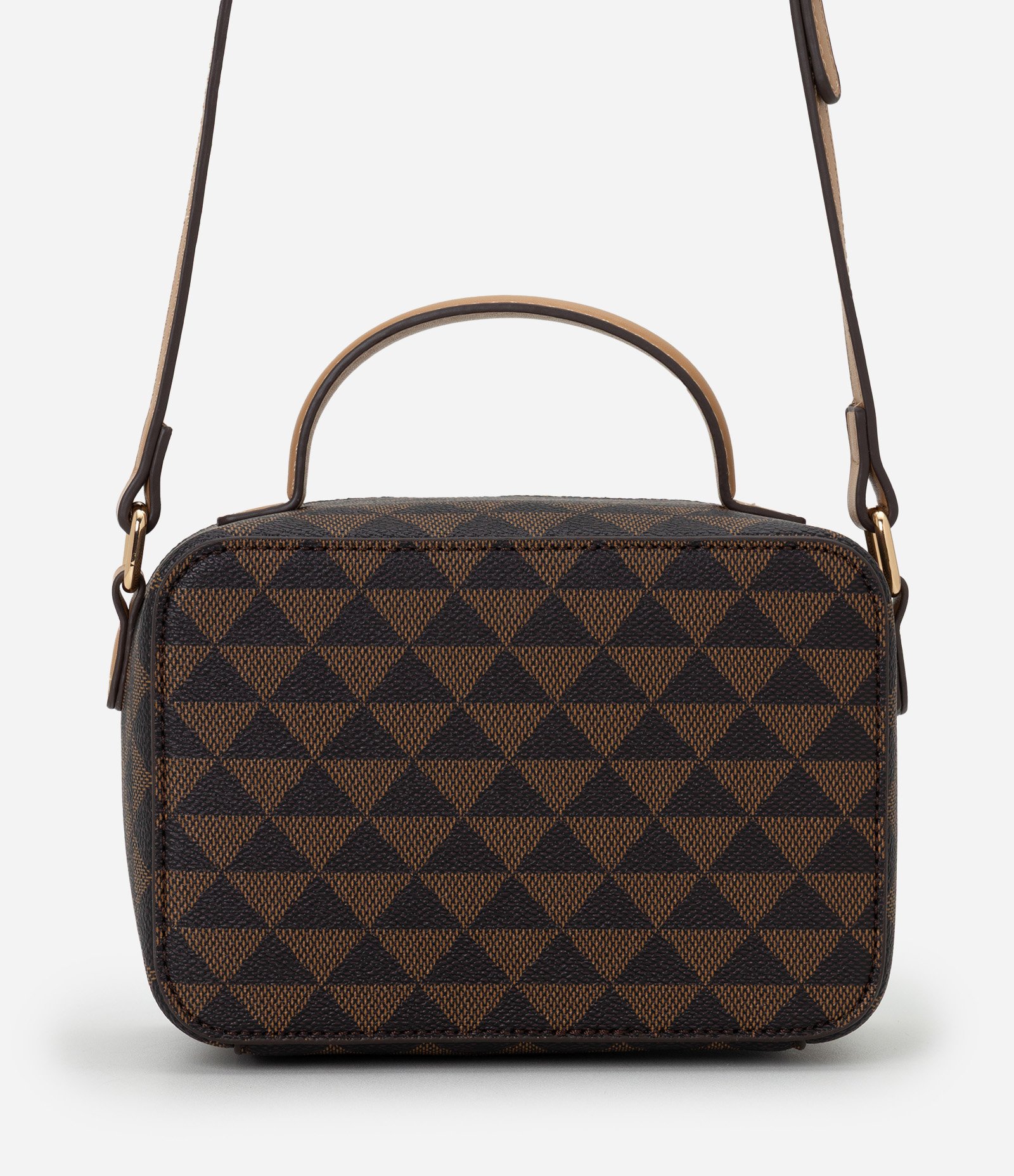 Bolsa Câmera Bag Pequena em PU com Estampa Triângulos Marrom 3