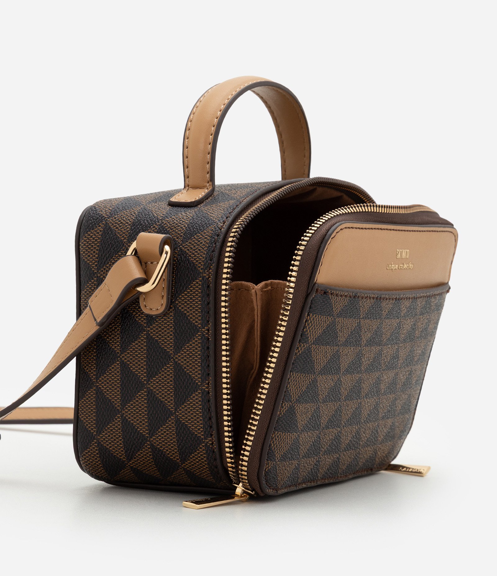 Bolsa Câmera Bag Pequena em PU com Estampa Triângulos Marrom 5