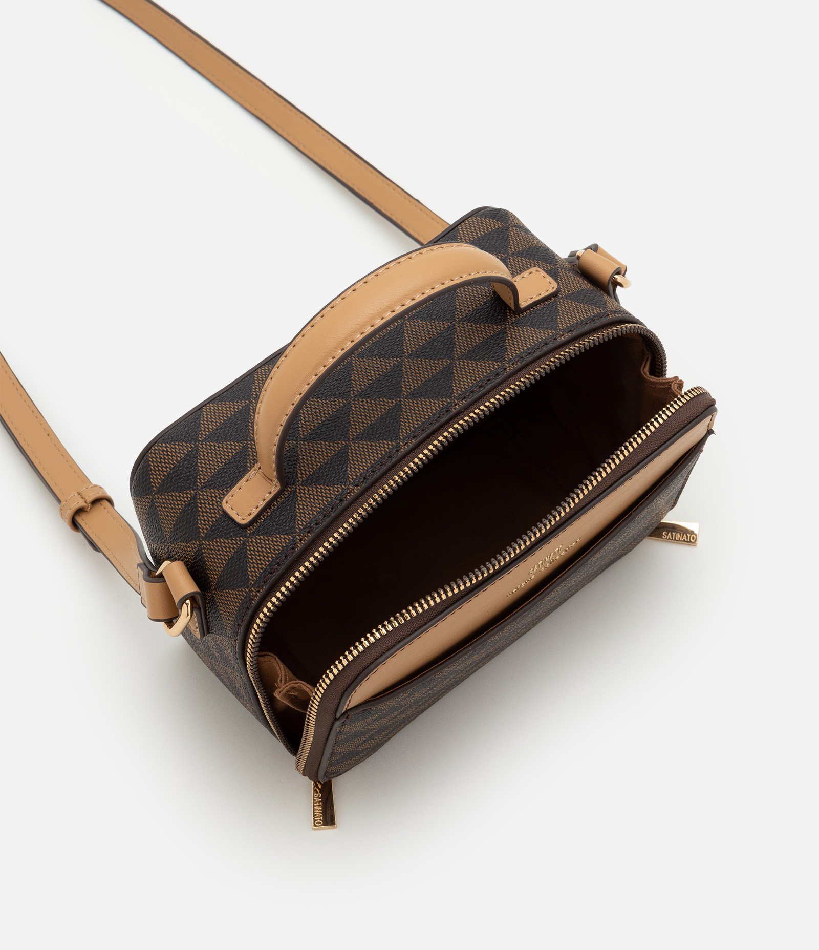 Bolsa Câmera Bag Pequena em PU com Estampa Triângulos Marrom 6