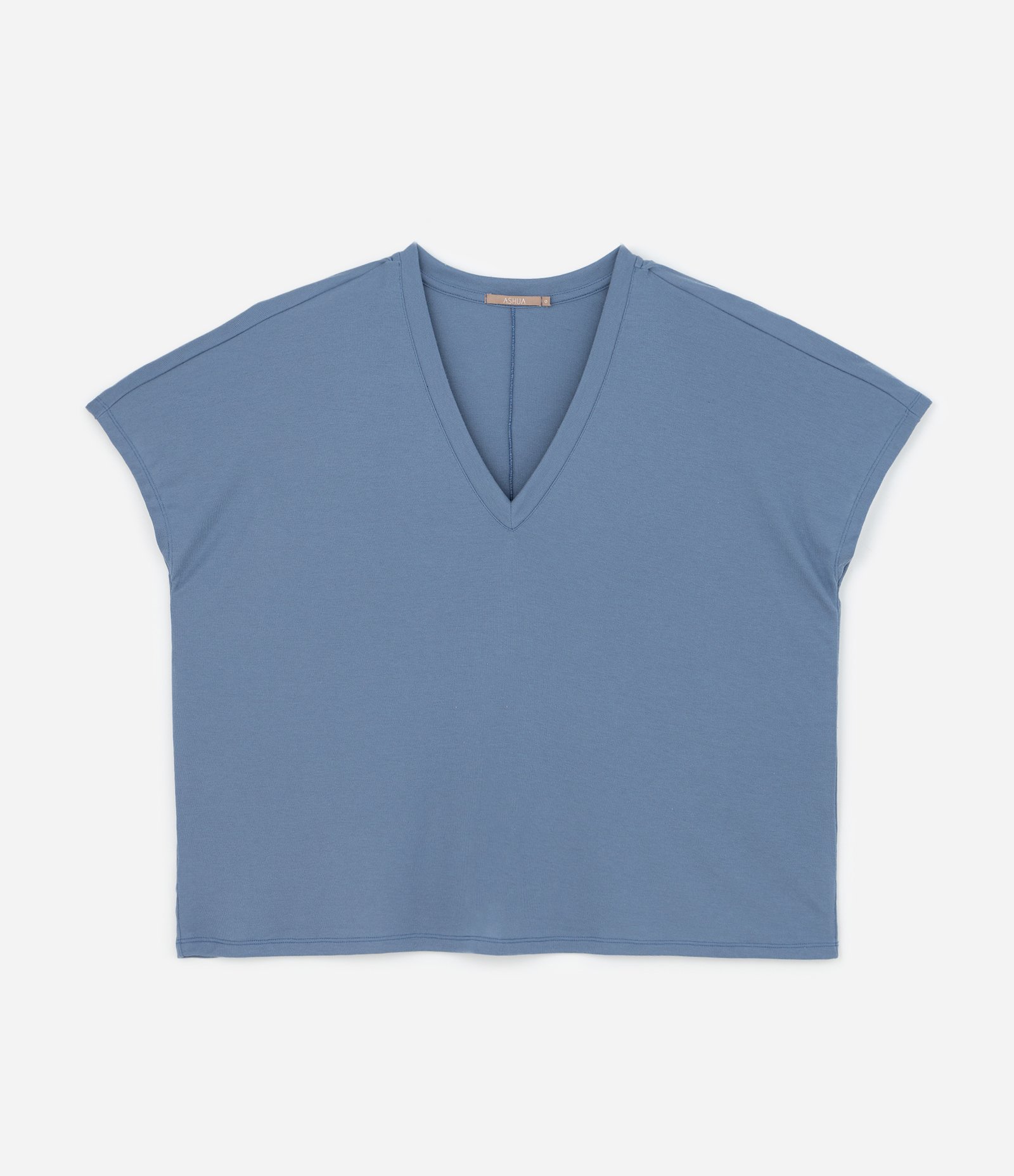 Blusa Básica em Ribana Gola V Curve & Plus Size Azul 4