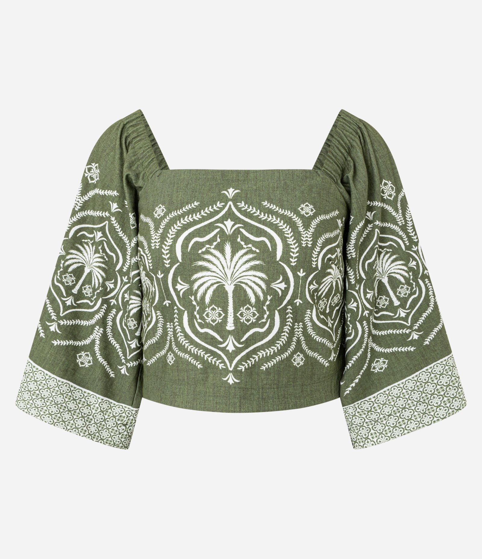 Blusa em Piquet com Manga Evasê e Estampa Arabesco Verde 1