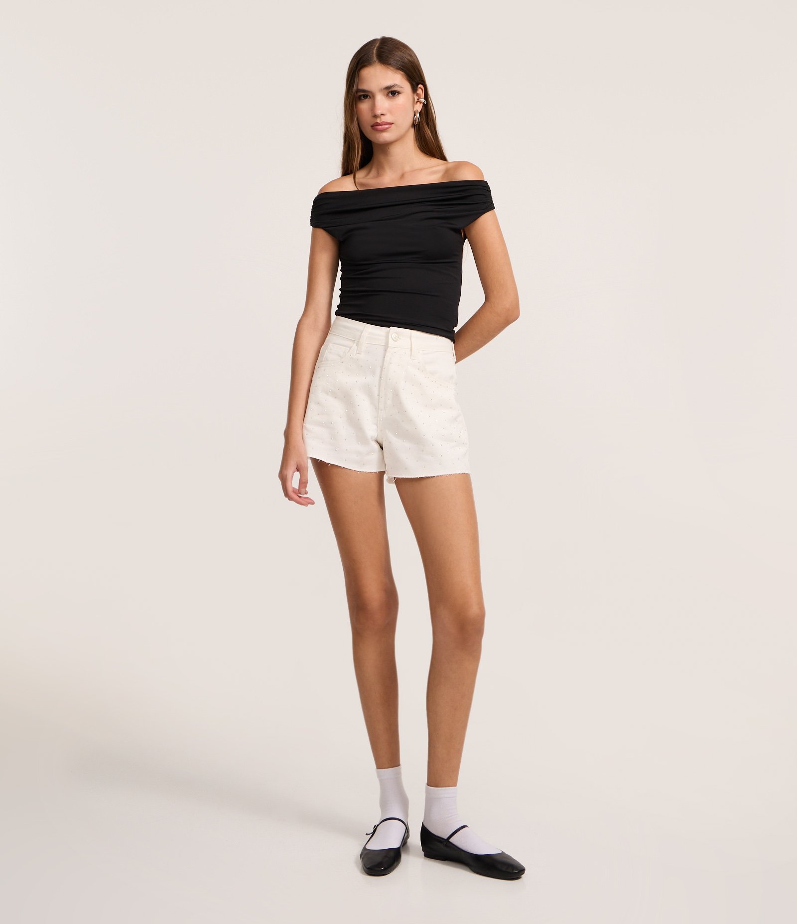 Short Mom em Sarja com Brilhos Off White 1