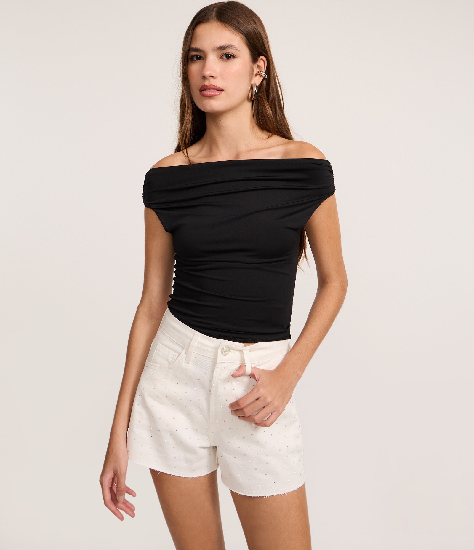 Short Mom em Sarja com Brilhos Off White 2