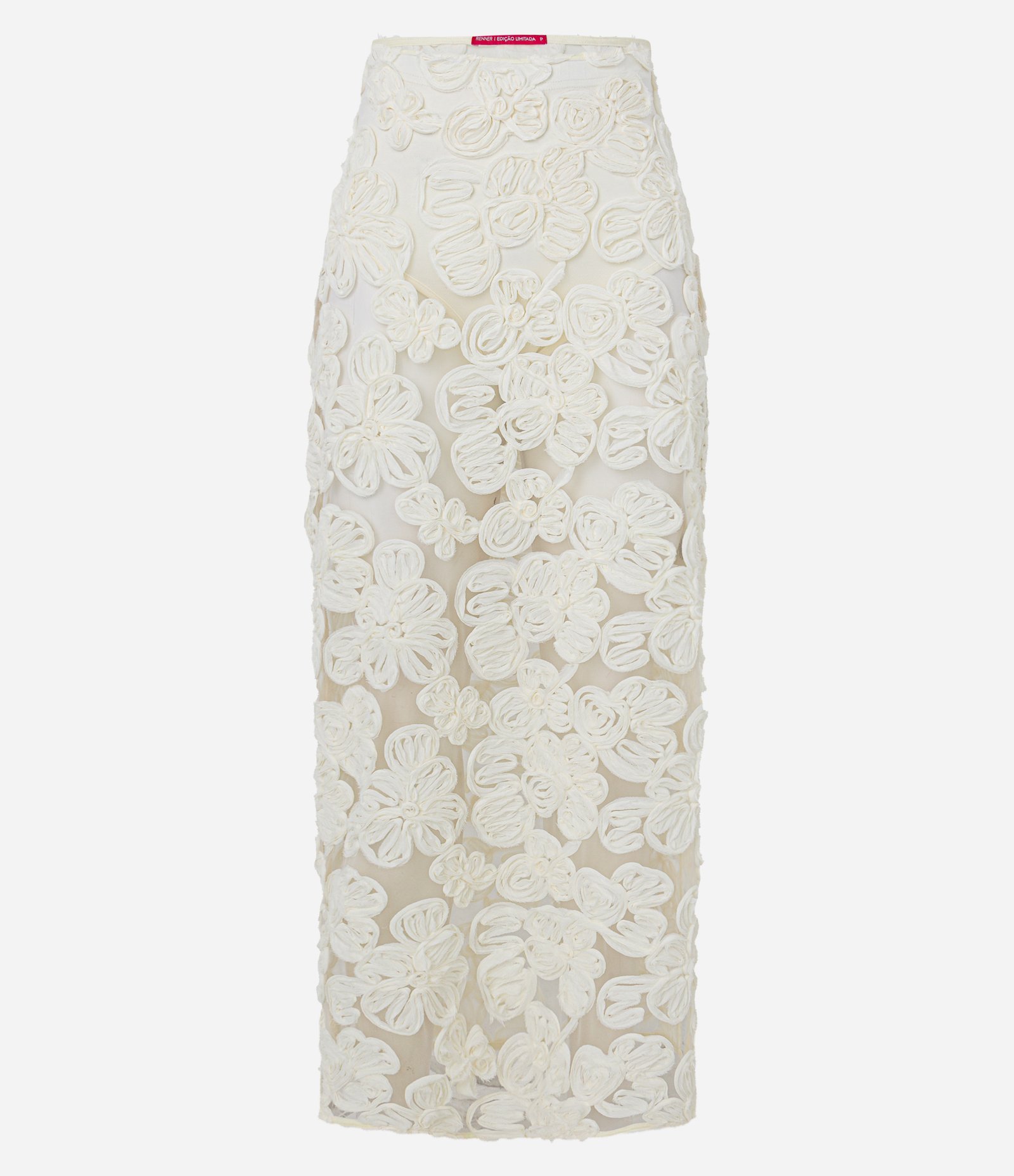 Saia Reta Midi em Tule com Bordados de Flores em 3D Bege 6