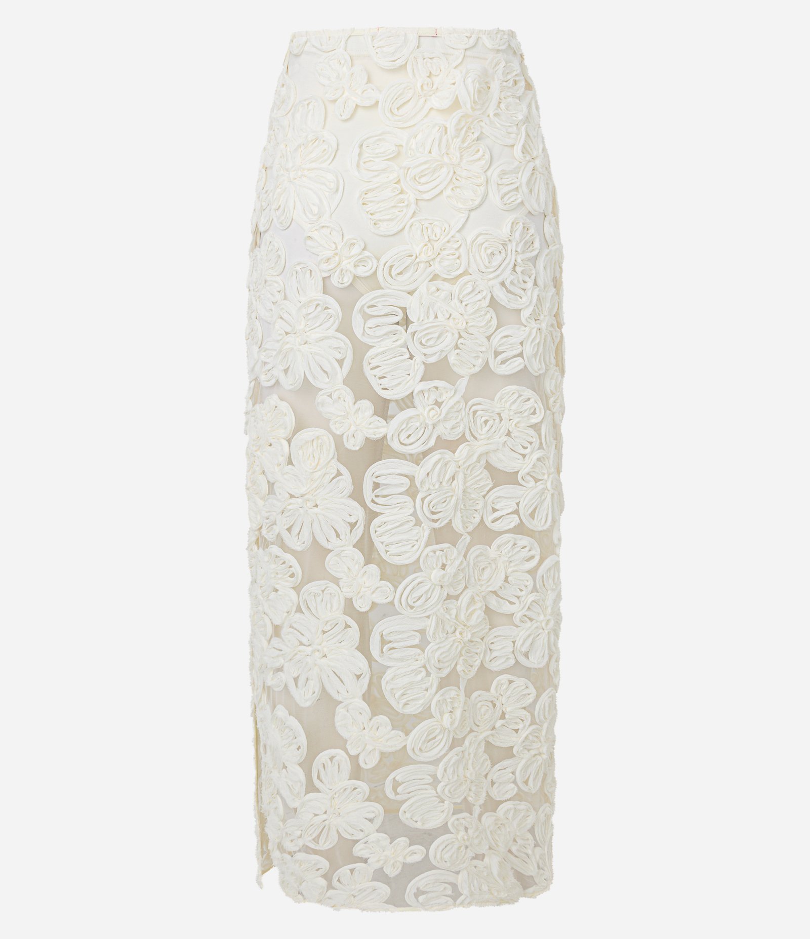 Saia Reta Midi em Tule com Bordados de Flores em 3D Bege 8