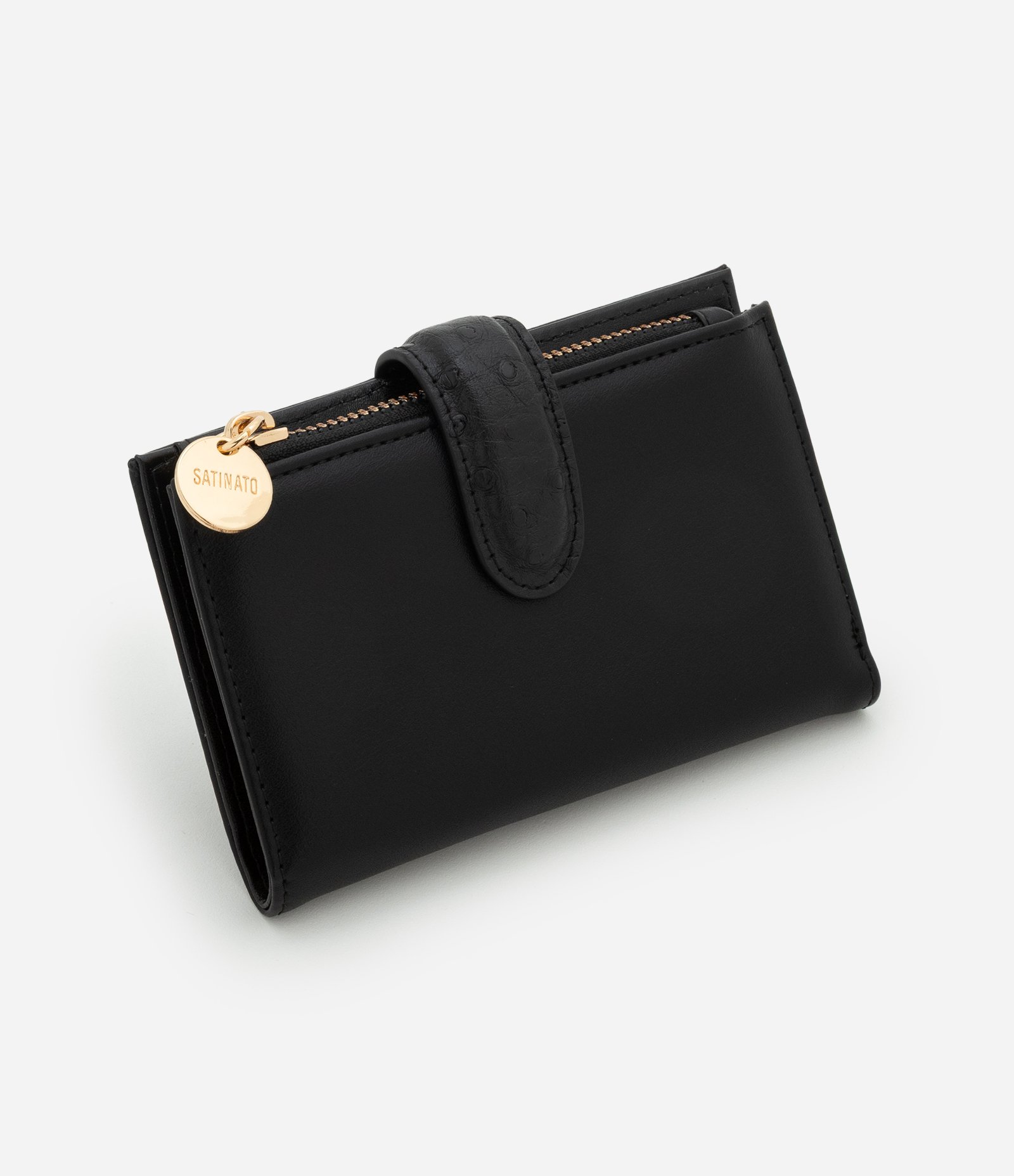 Carteira Envelope Média com Lapela e Zíper Contrastante Preto 1