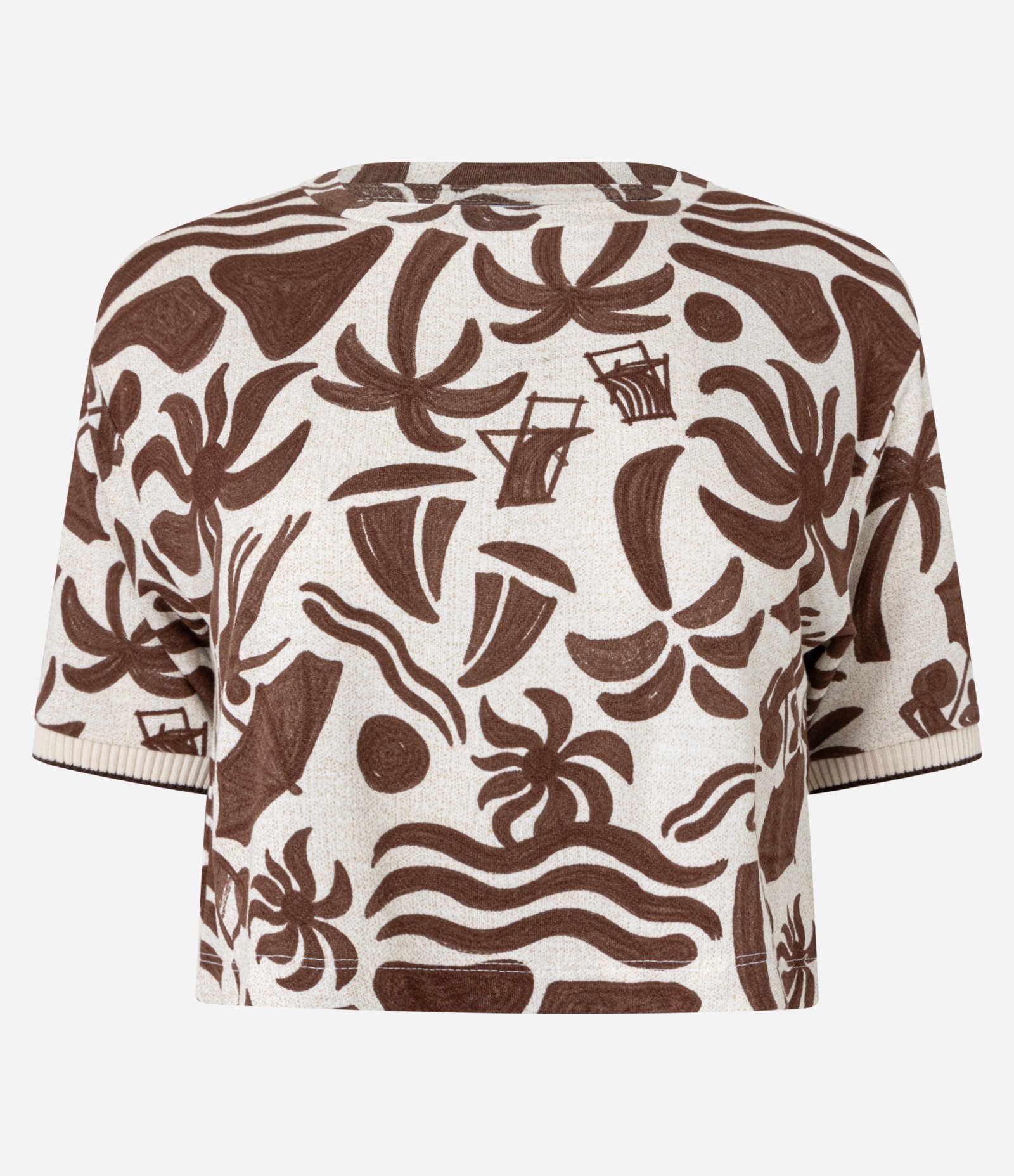 Blusa Cropped T-shirt em Viscose com Estampa de Ícones de Praia Off White / Marrom 4