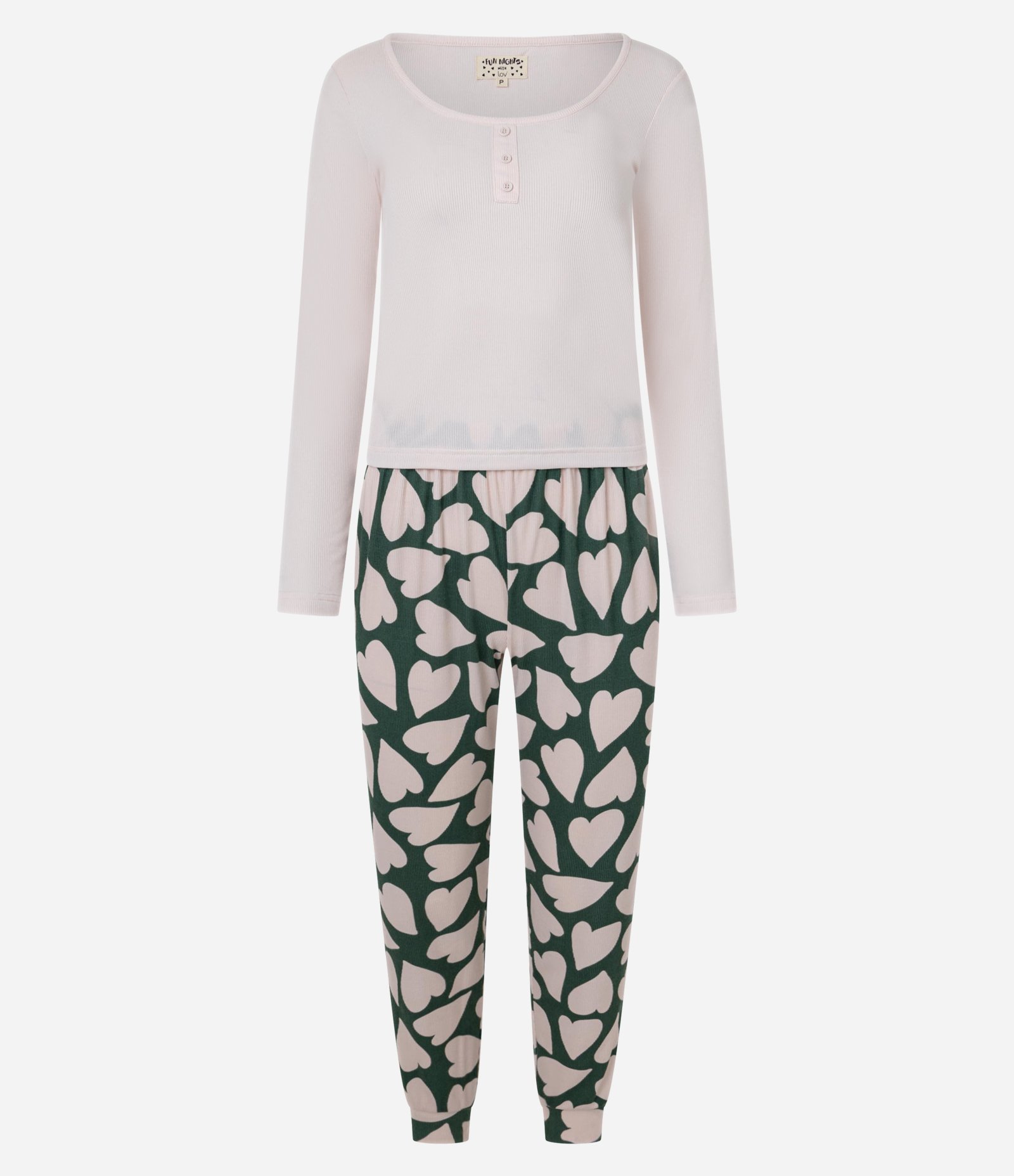 Pijama Longo em Ribana com Estampa de Coração Rosa Claro/Verde 4