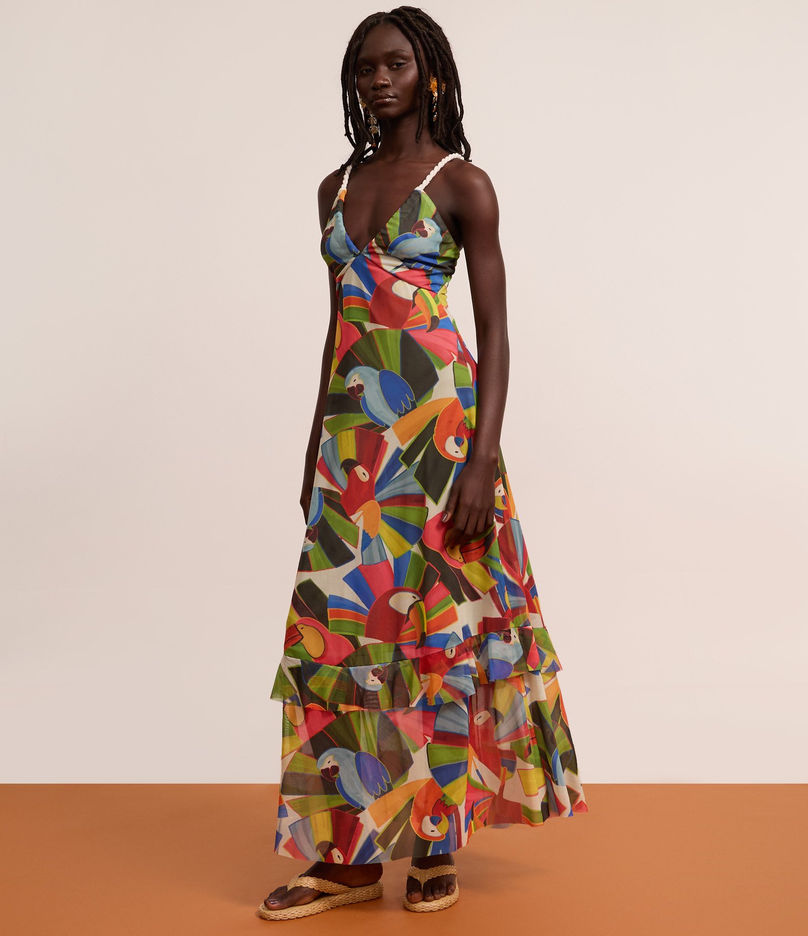 Vestido Long Midi em Tule com Estampa Tropical e Alças de Corda Multicores 4