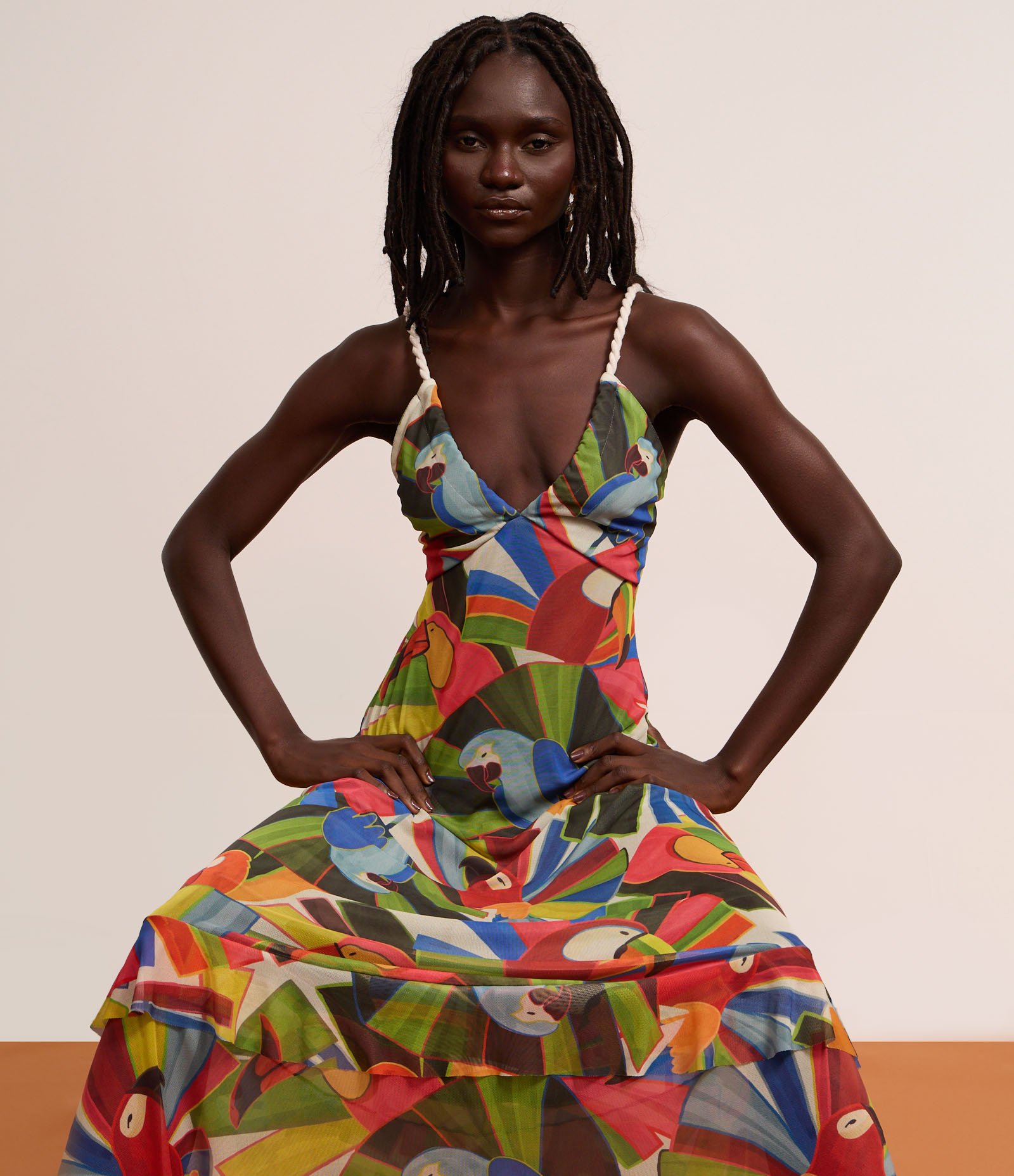 Vestido Long Midi em Tule com Estampa Tropical e Alças de Corda Multicores 5