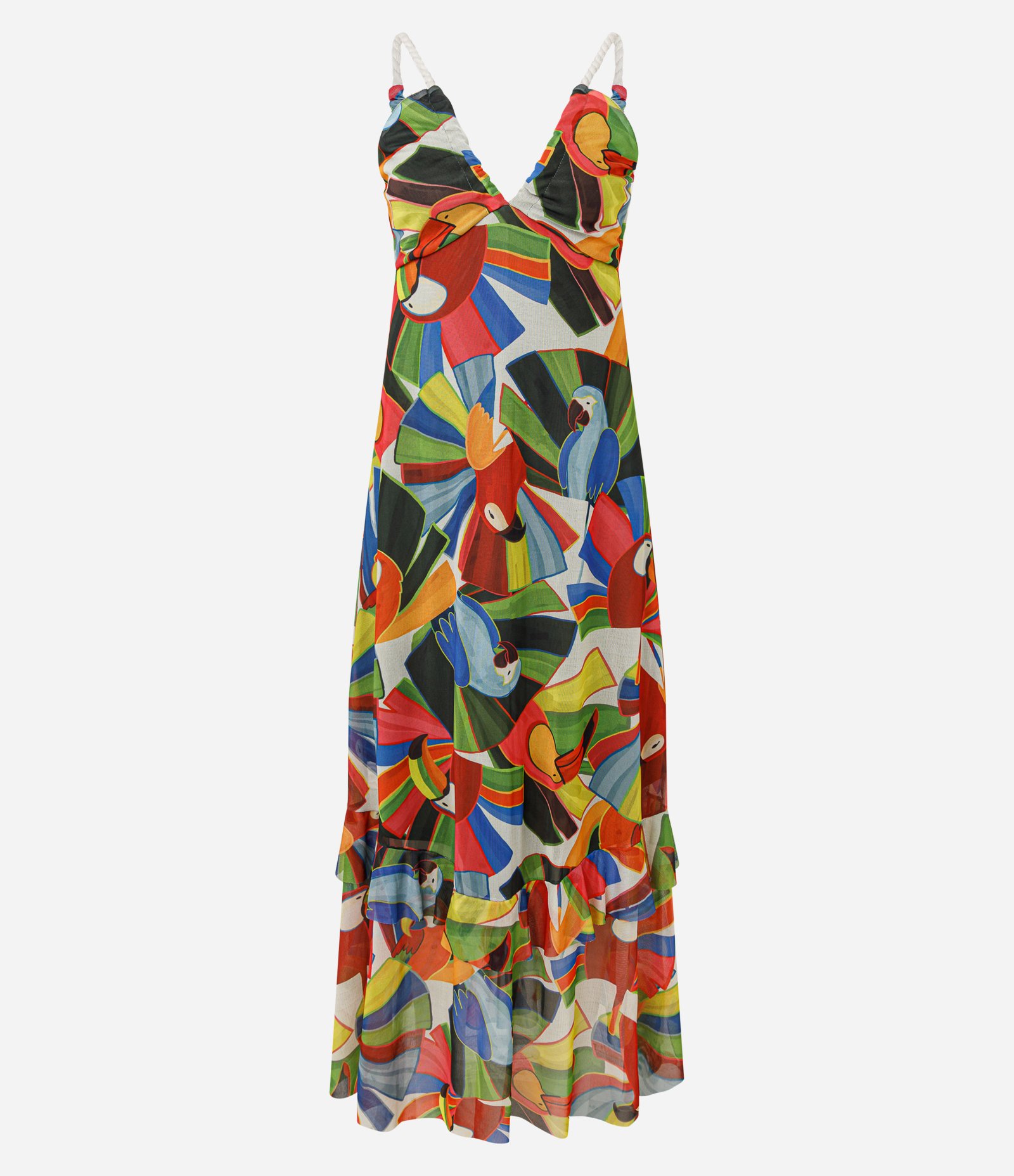 Vestido Long Midi em Tule com Estampa Tropical e Alças de Corda Multicores 6
