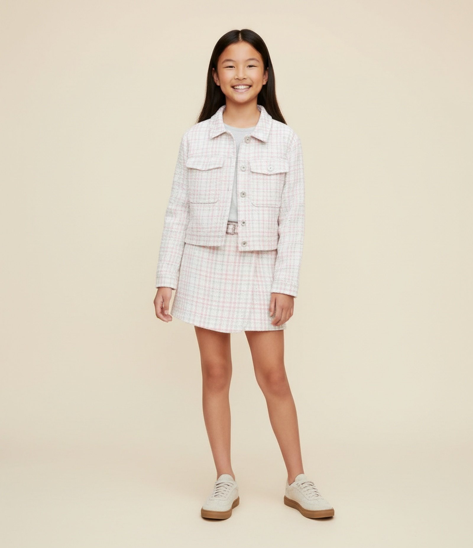 Short Saia Infantil em Tweed com Cinto Transpassado – Tam 5 a 14 Anos Rosa/Branco 1