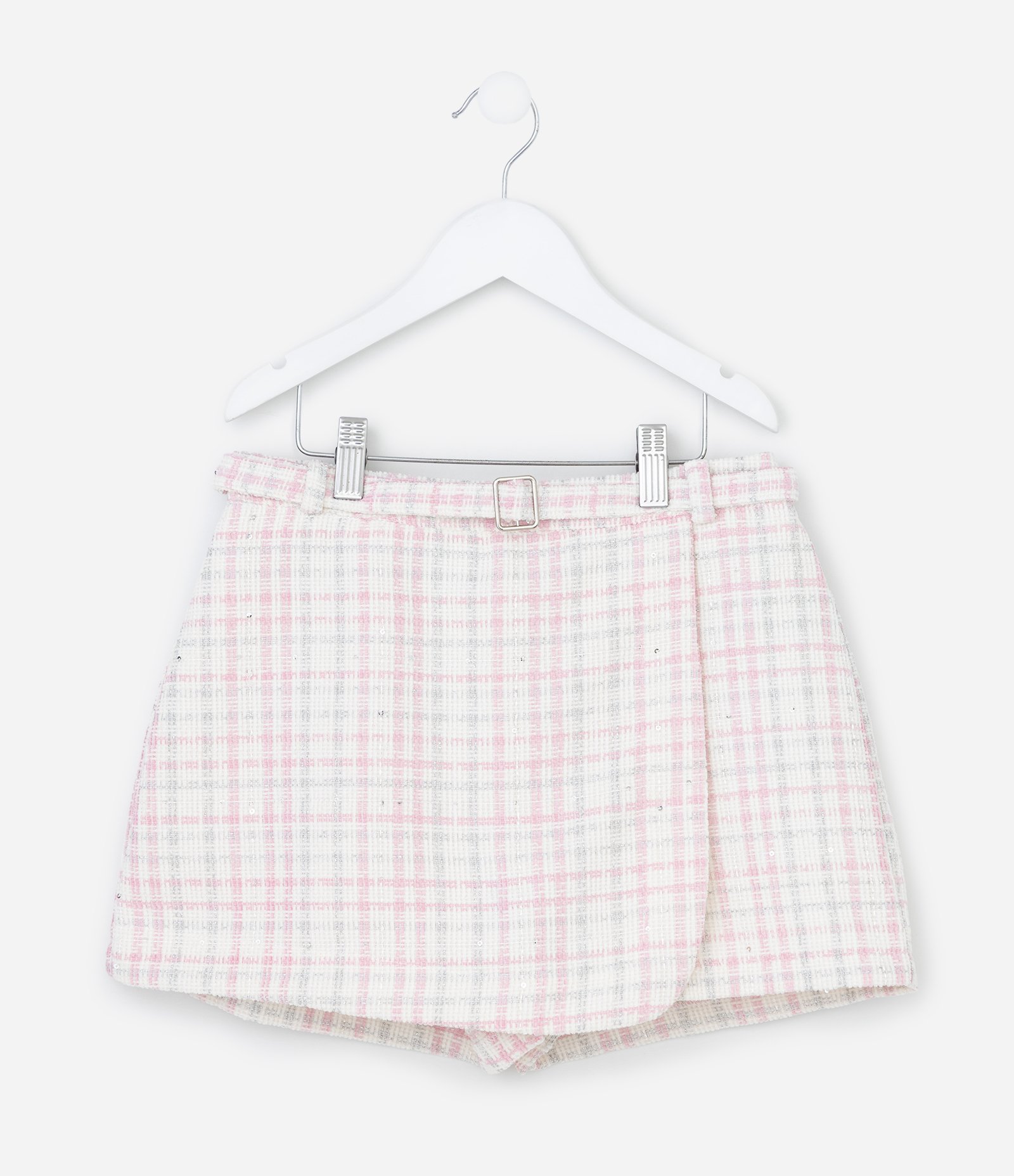 Short Saia Infantil em Tweed com Cinto Transpassado – Tam 5 a 14 Anos Rosa/Branco 2