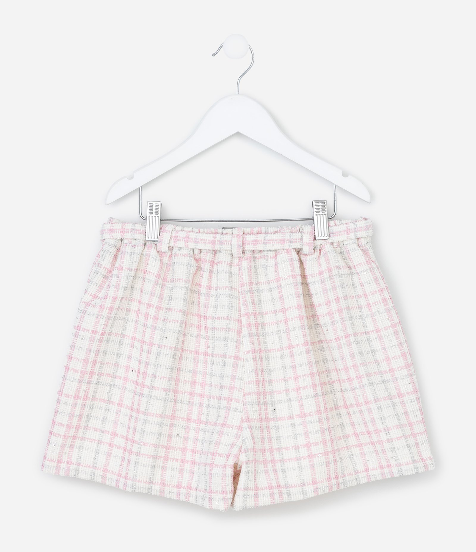 Short Saia Infantil em Tweed com Cinto Transpassado – Tam 5 a 14 Anos Rosa/Branco 3