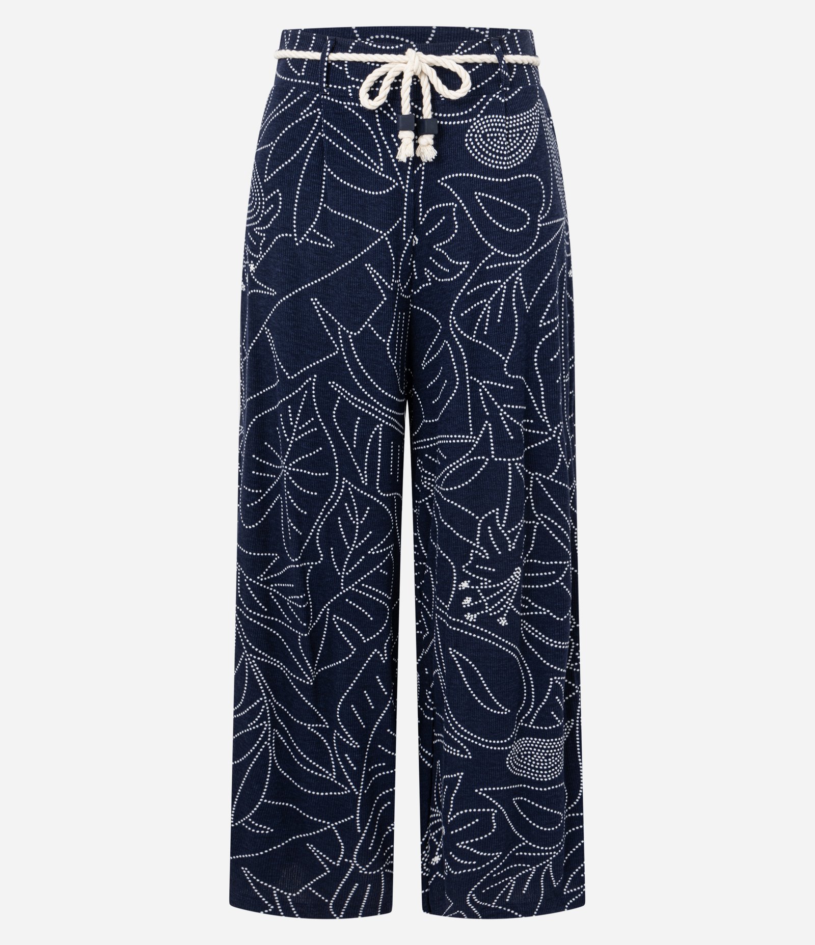 Calça Reta Canelada em Viscose com Cinto Corda e Estampa Folhagem Azul Marinho 5