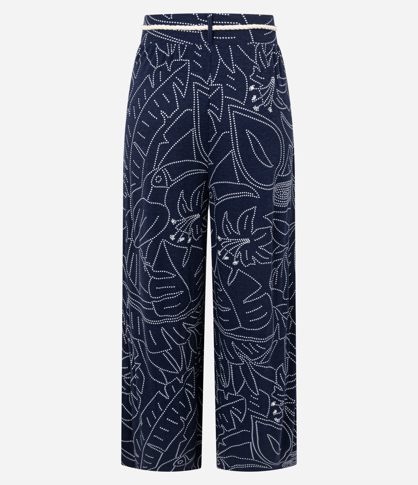 Calça Reta Canelada em Viscose com Cinto Corda e Estampa Folhagem Azul Marinho 7