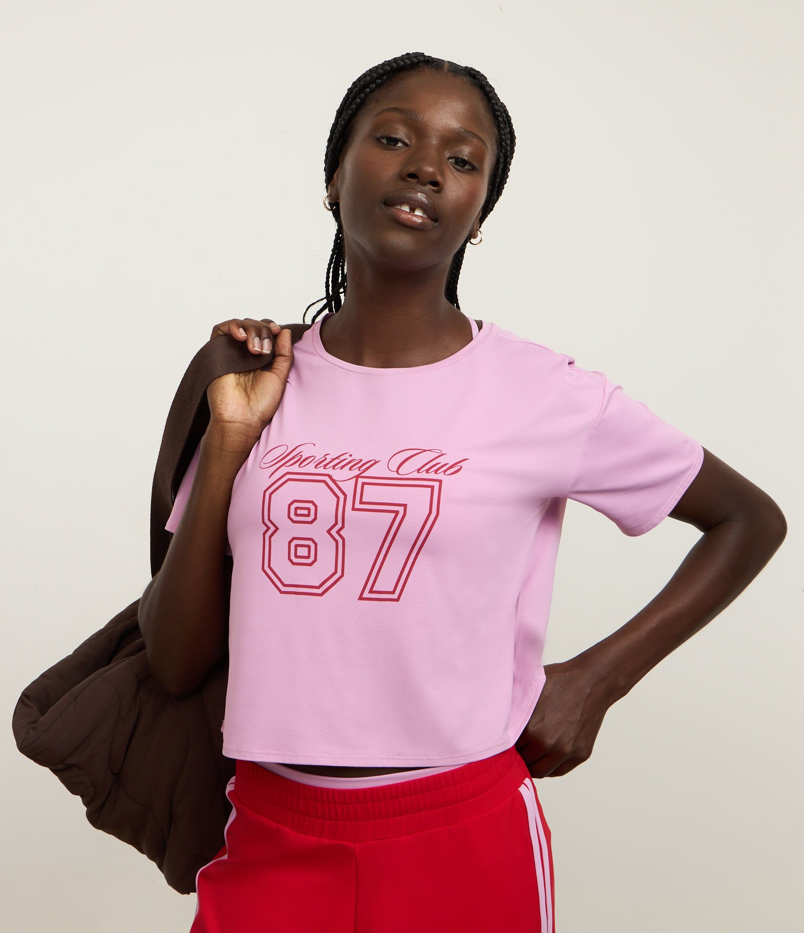 Camiseta Crpped Oversized Esportiva com Tecnologia Dry e Estampa 87 Rosa 1