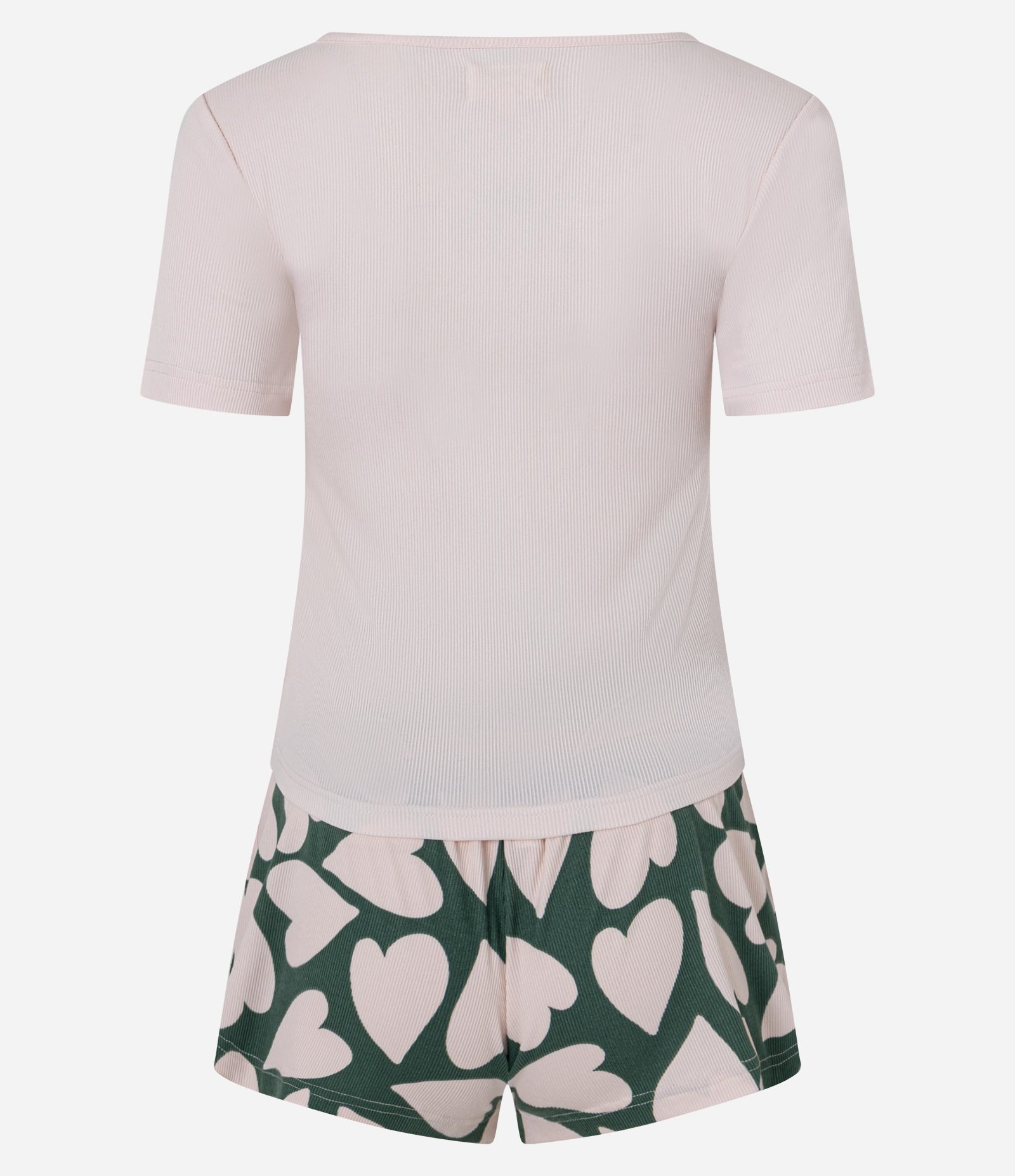 Pijama Short Doll em Ribana com Estampa de Coração Rosa Claro/Verde 3