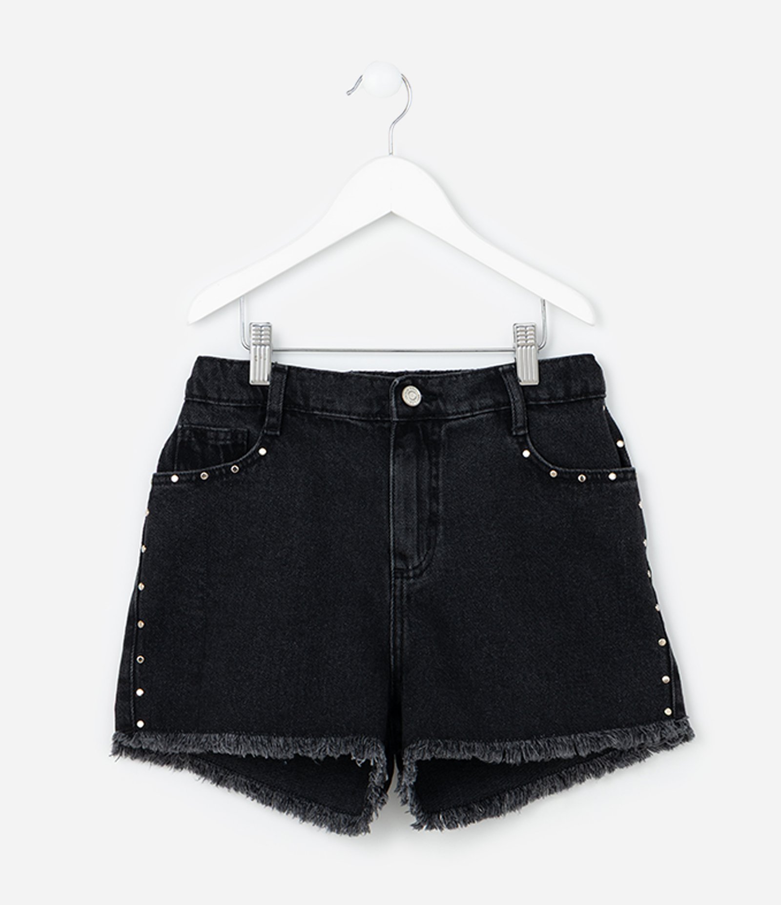 Short Infantil Regular em Jeans com Tachinhas - Tam 5 a 14 Anos Preto 1