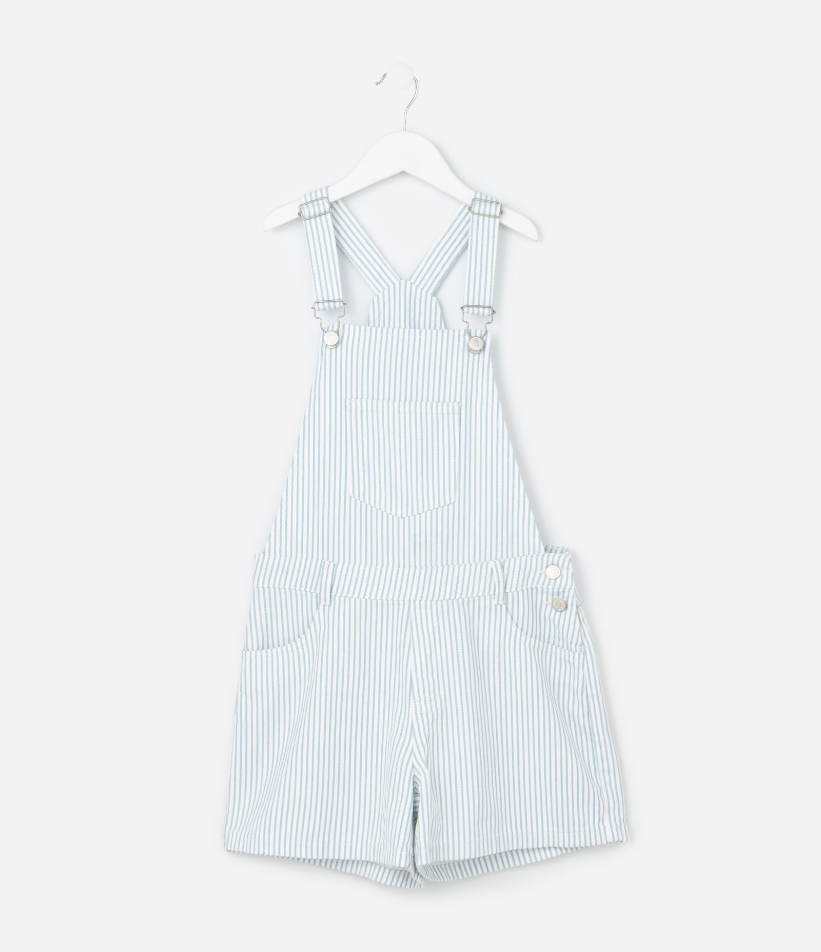 Jardineira Infantil em Jeans com Estampa de Listras e Bolso - Tam 5 a 14 Anos Branco/Azul 1