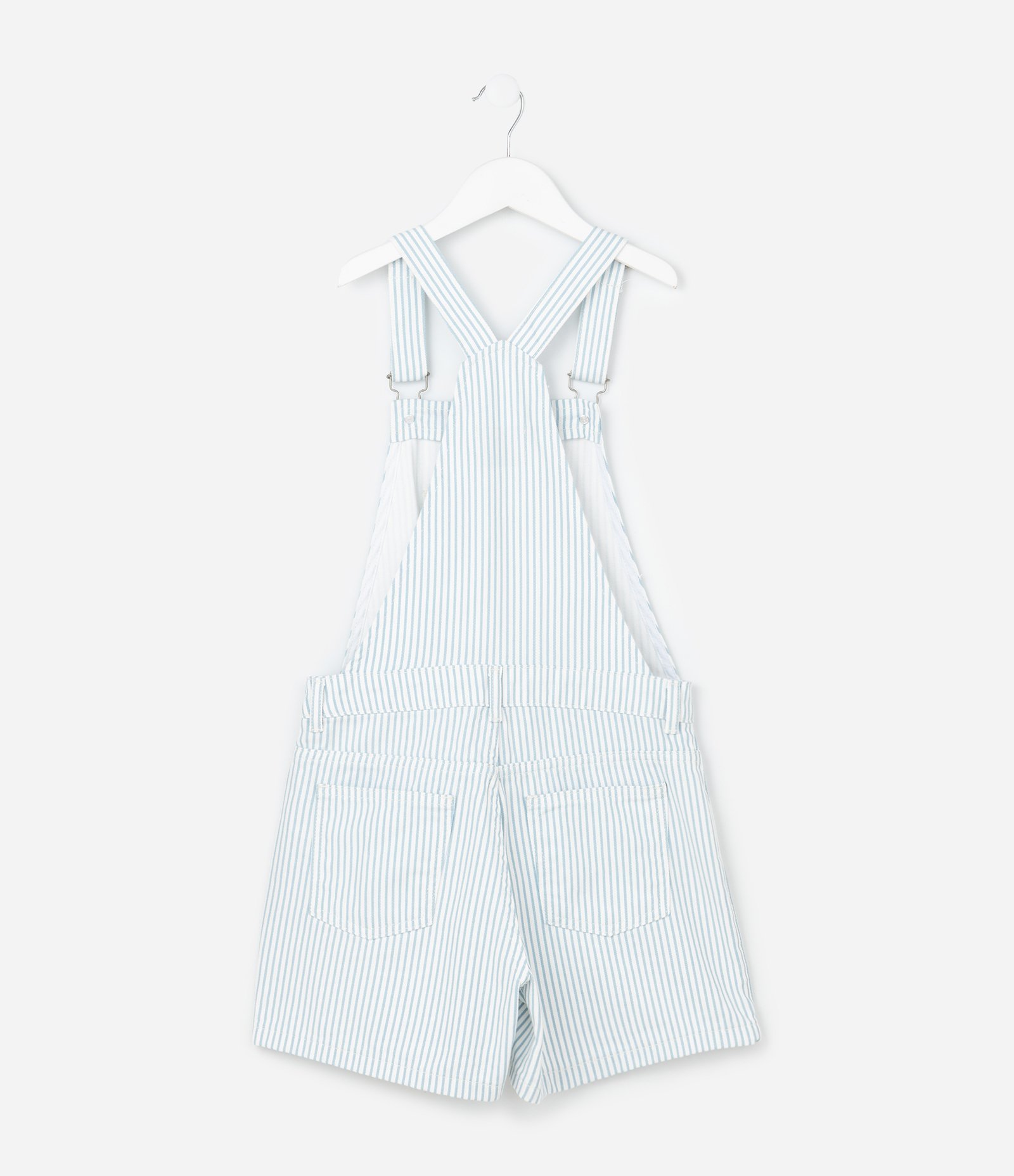 Jardineira Infantil em Jeans com Estampa de Listras e Bolso - Tam 5 a 14 Anos Branco/Azul 2
