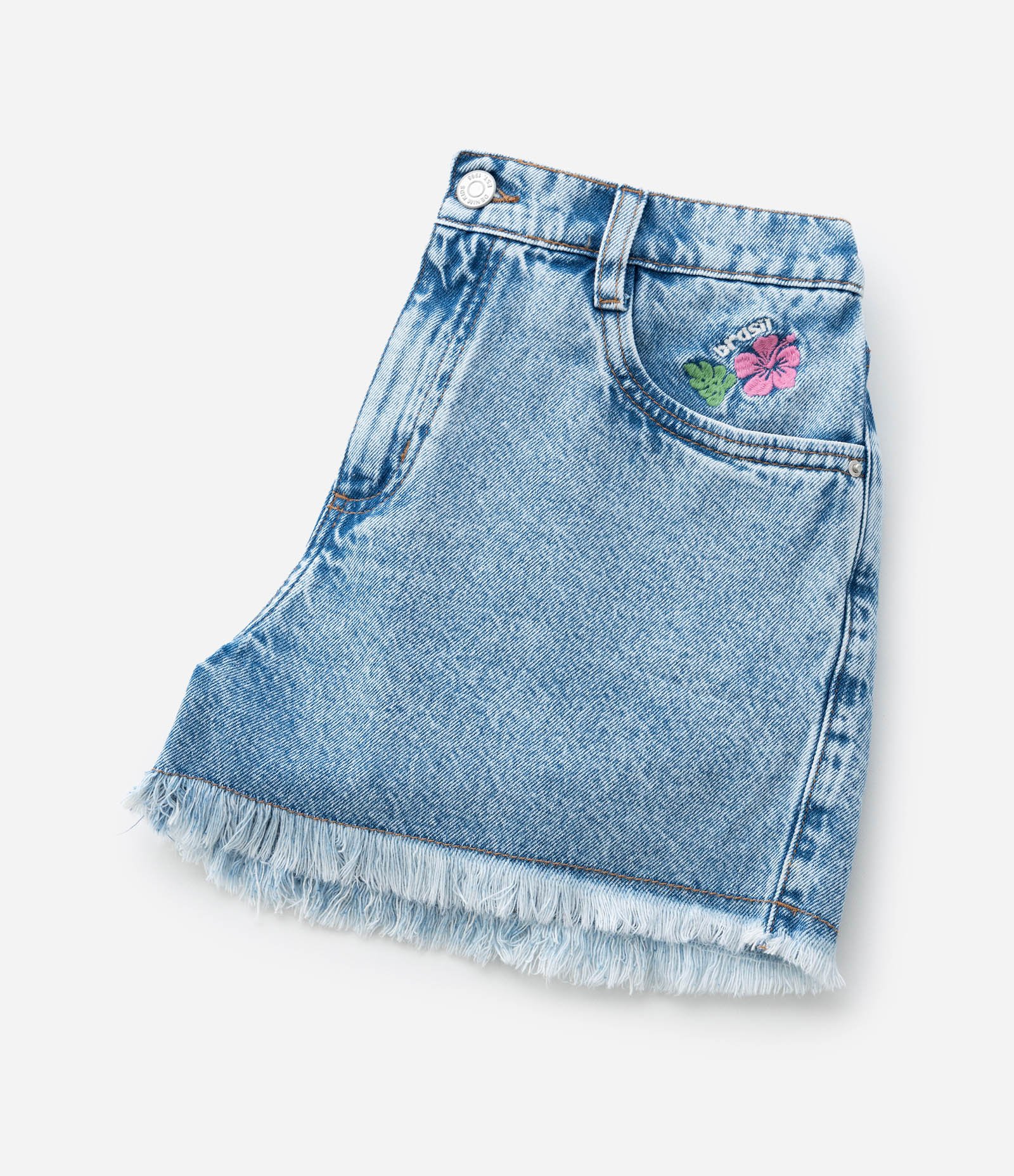 Short Infantil Regular em Jeans com Flor Bordada - Tam 7 a 14 Anos Azul 4