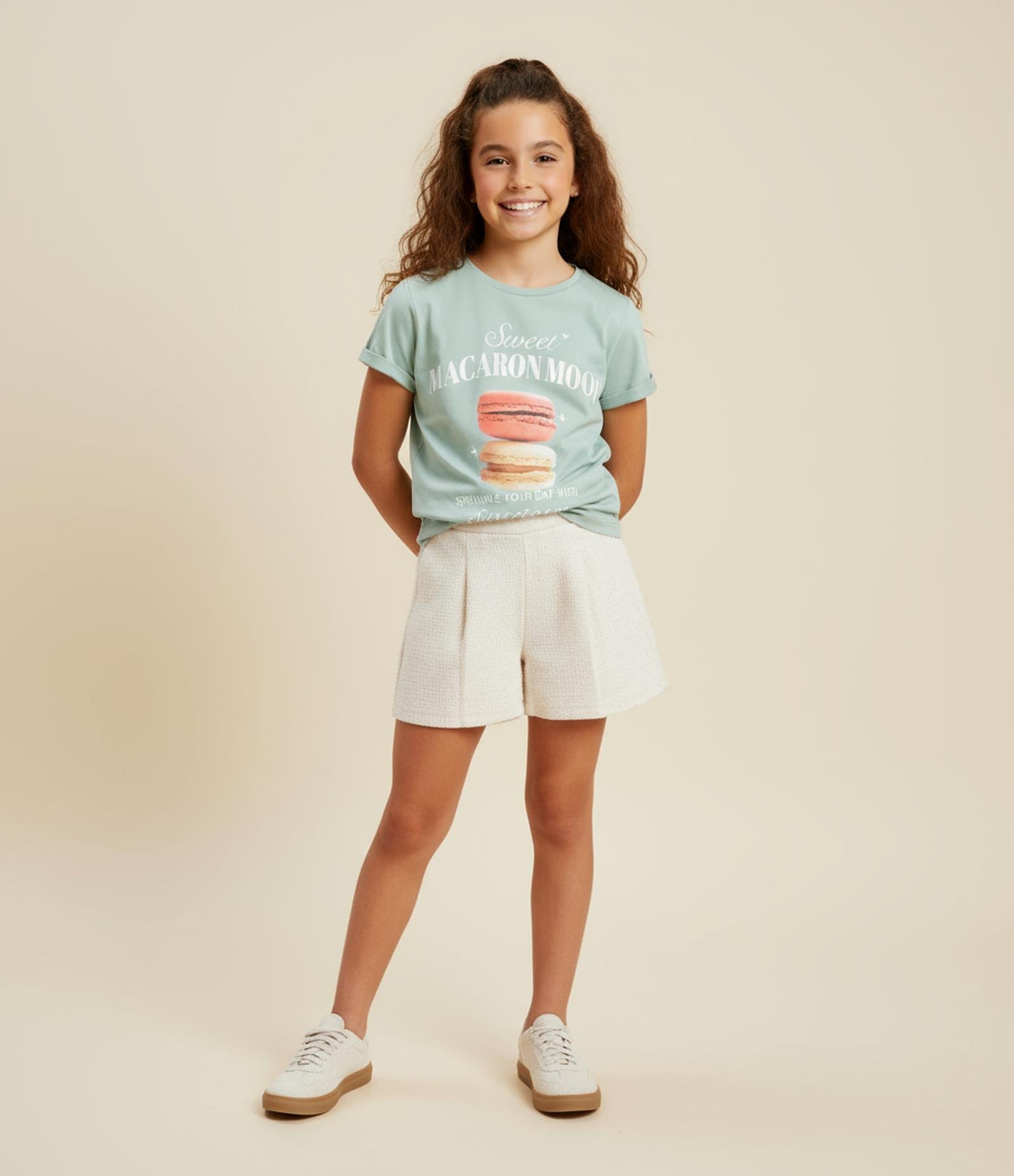 Short Saia Infantil em Tweed com pregas Texturizado - Tam 5 a 14 Anos Bege 1