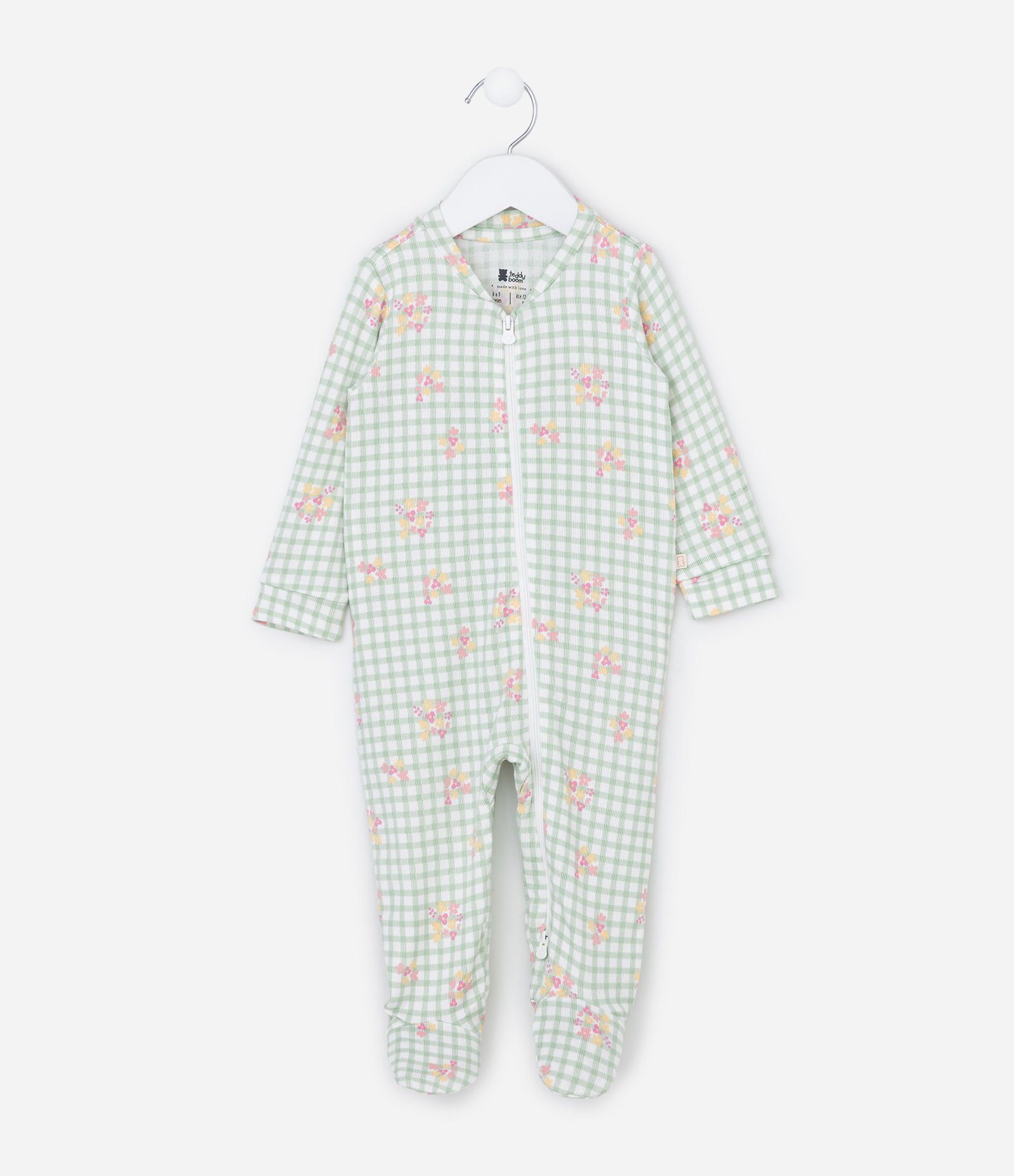 Macaquinho Infantil em Tricô Vichy com Estampa Floralzinho – Tam RN a 18 Meses Verde Claro 1