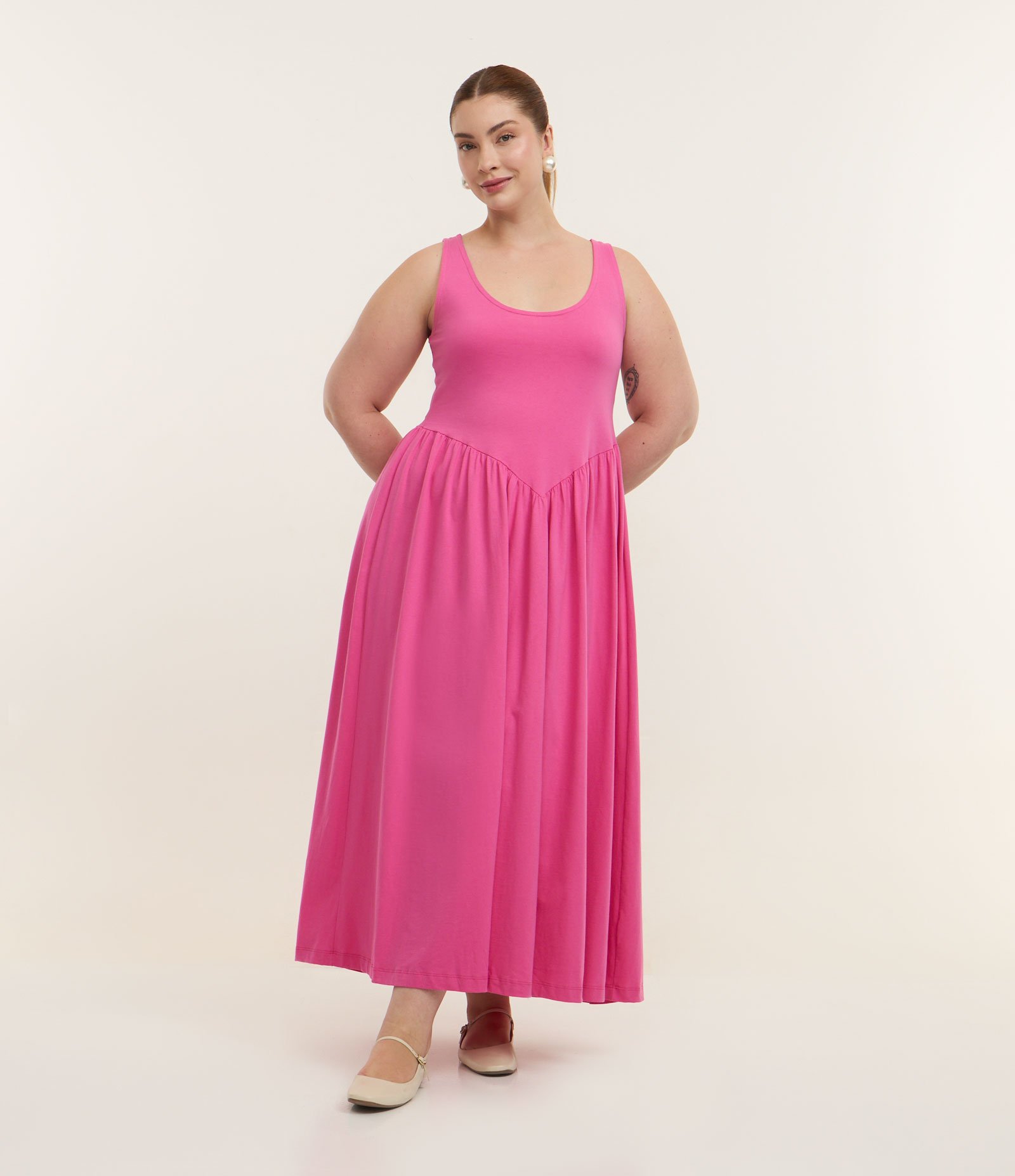 Vestido Midi em Algodão com Cintura em V Curve & Plus Size Rosa 1