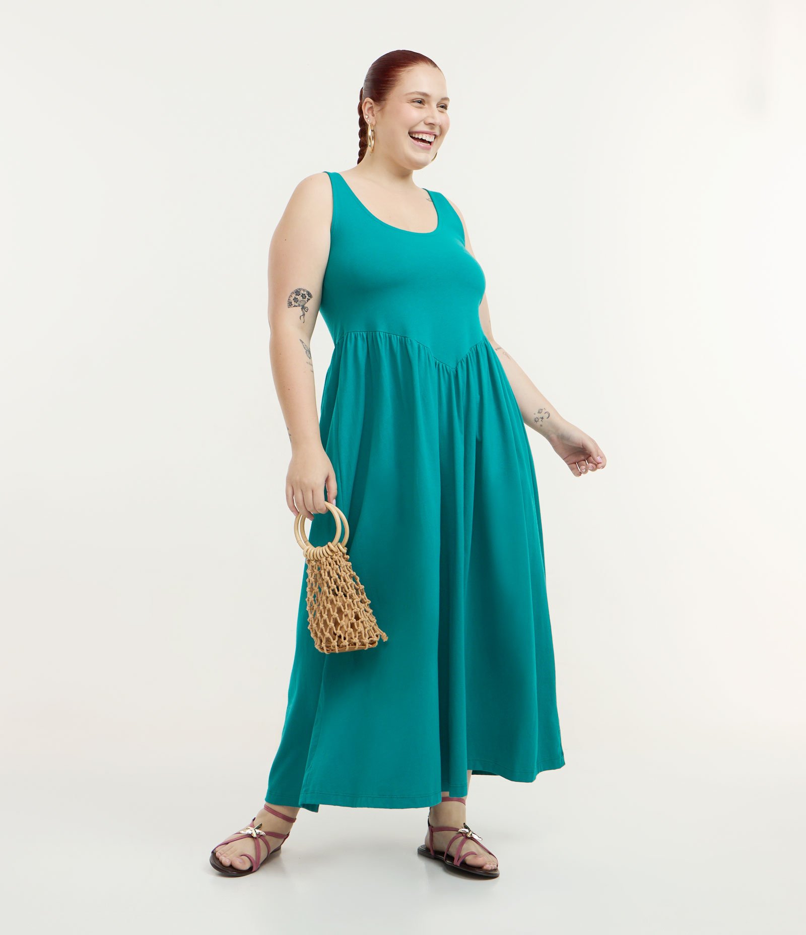 Vestido Midi em Algodão com Cintura em V Curve & Plus Size Verde 2
