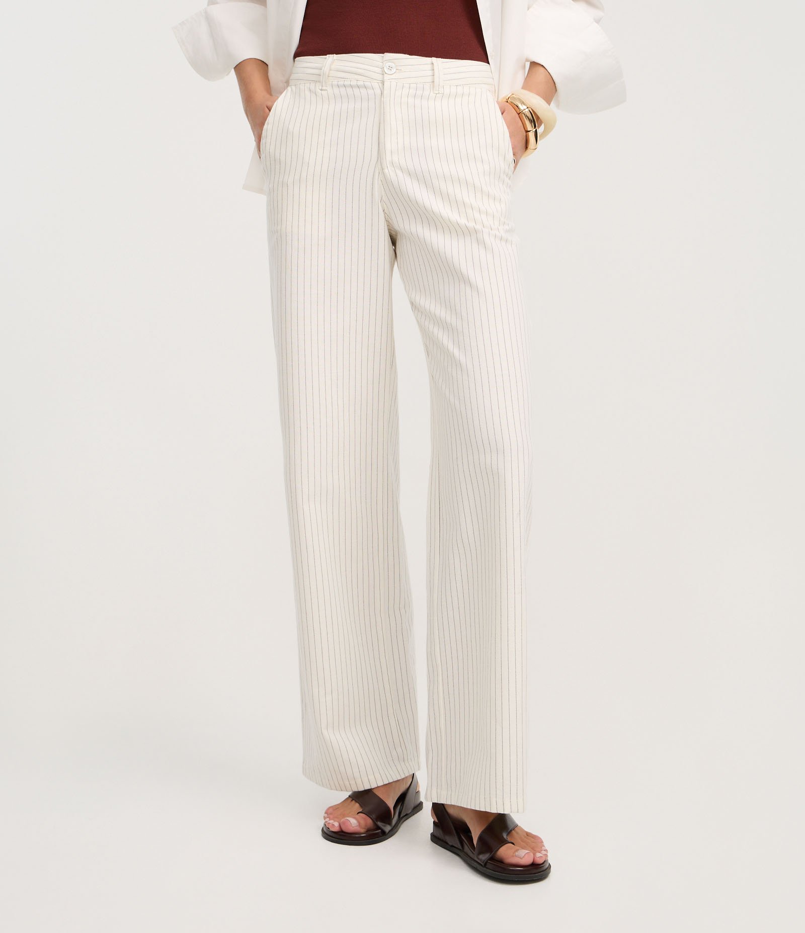 Calça Wide Leg Listrada em Sarja com Bolsos Off White 3